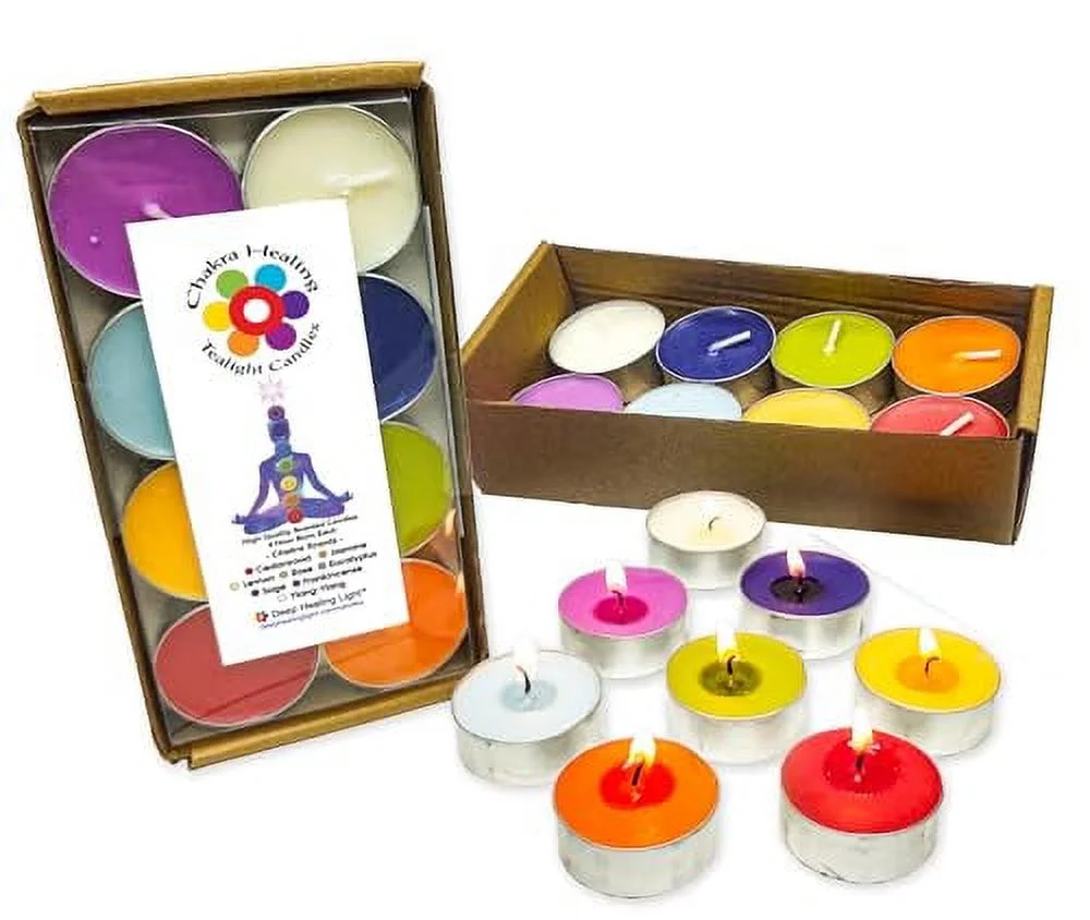 Chakra Scented Tealight Candles - Colored and Scented - 2 Sets of 8, 16 Total - Tea Lights for Home Decor, Relaxation, Meditation - 7 Chakras + Soul Star: 56 + Hrs Total Burn