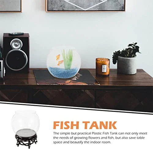 HOMSFOU Glass Fish Bowl Small Wood Base Hydroponic Plant Terrarium Aquarium Goldfish Bowl Wood Display Stand for Centerpieces