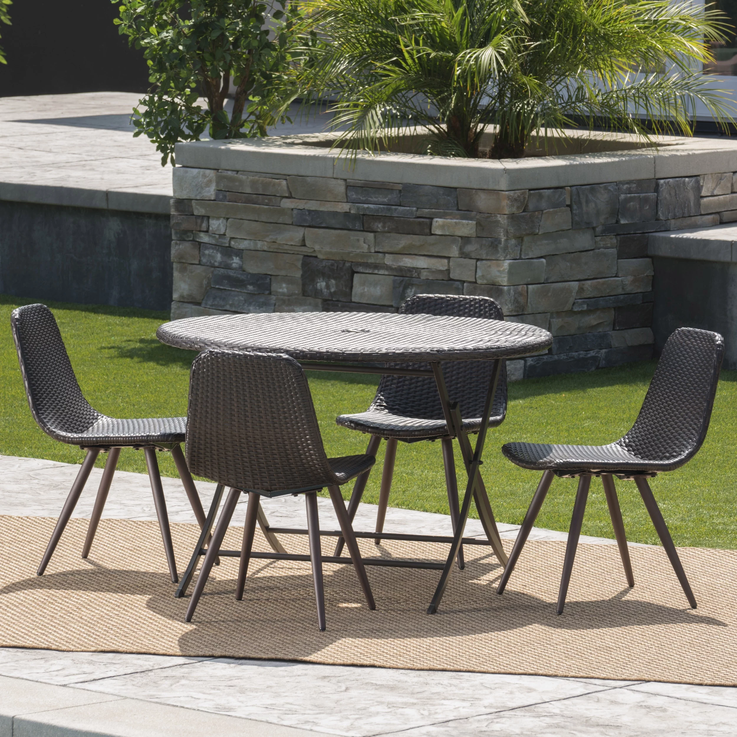 Outdoor 5 Piece Wicker Dining Set with Foldable Table,Multibrown