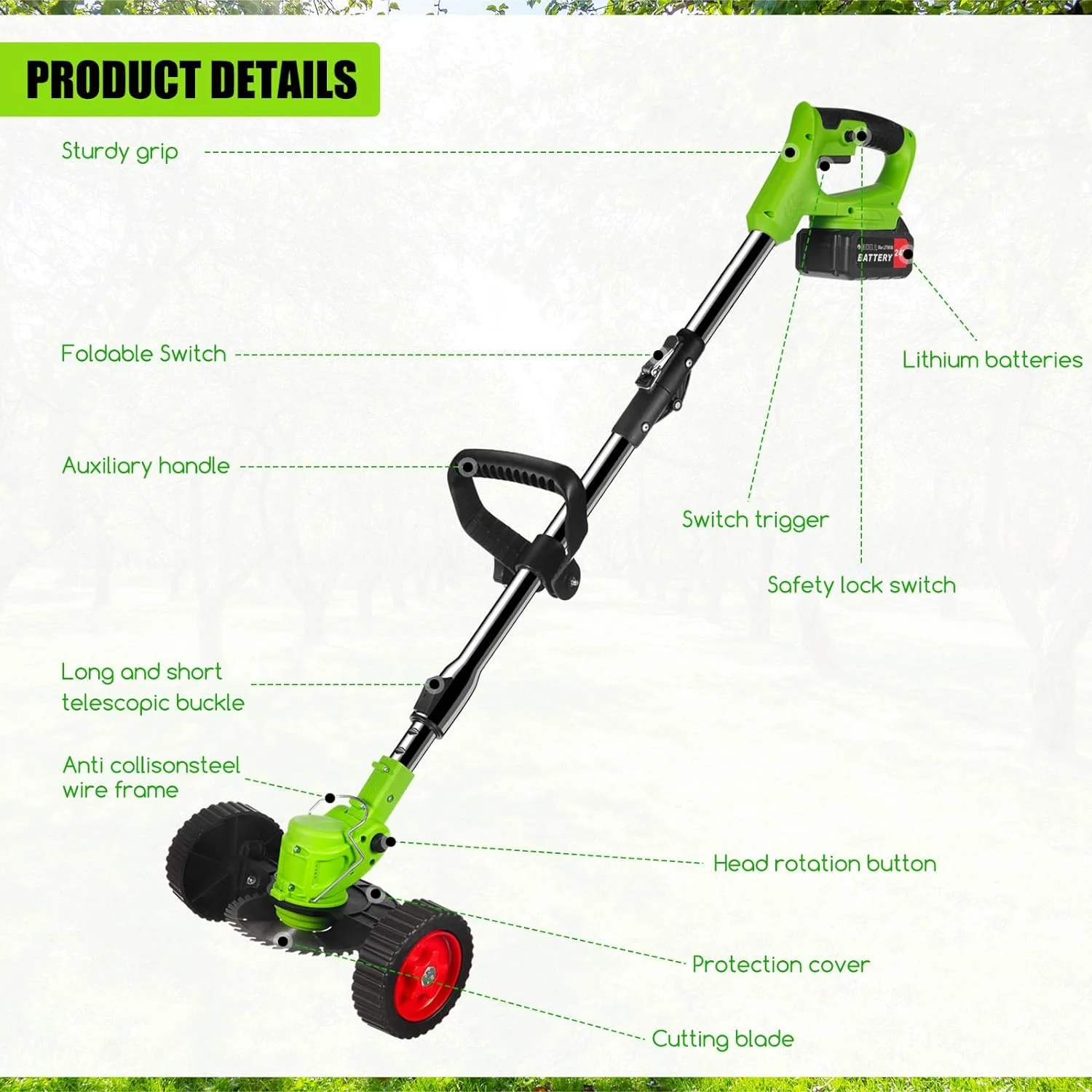 Kqiang  Foldable Brush Cutter Cordless Weed Wacker Electric Weed Eater Edgers with 2 Large Capacity Batteries &13 Blades Weedeaters Battery Operated Grass Timmer for Lawn Garden Yard