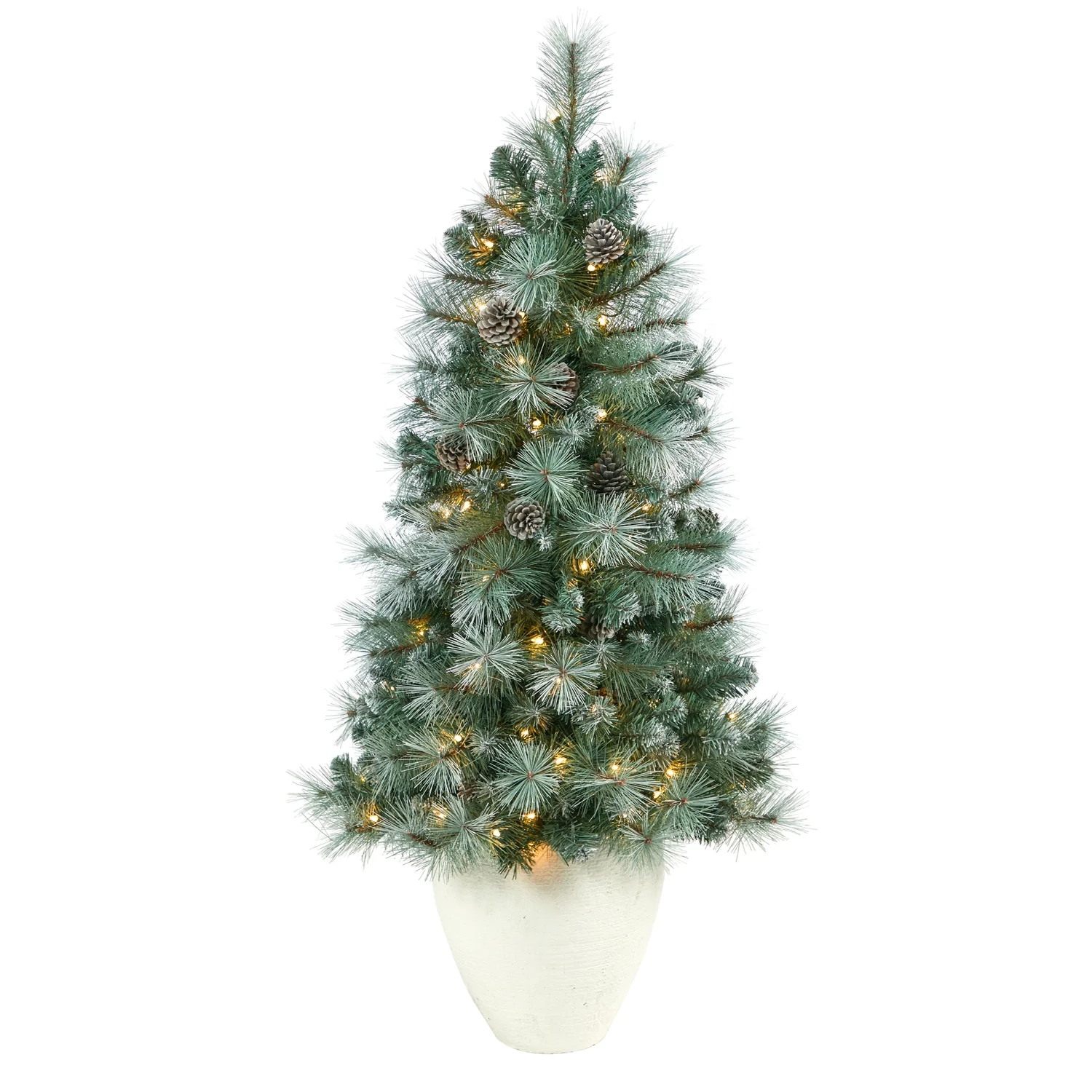 HomeStock Artistic Accomplishment 50In. Frosted Tip British Columbia Mountain Pine Artificial Christmas Tree With 100 Clear Lights, Pine Cones And 228 Bendable Branches In White Planter