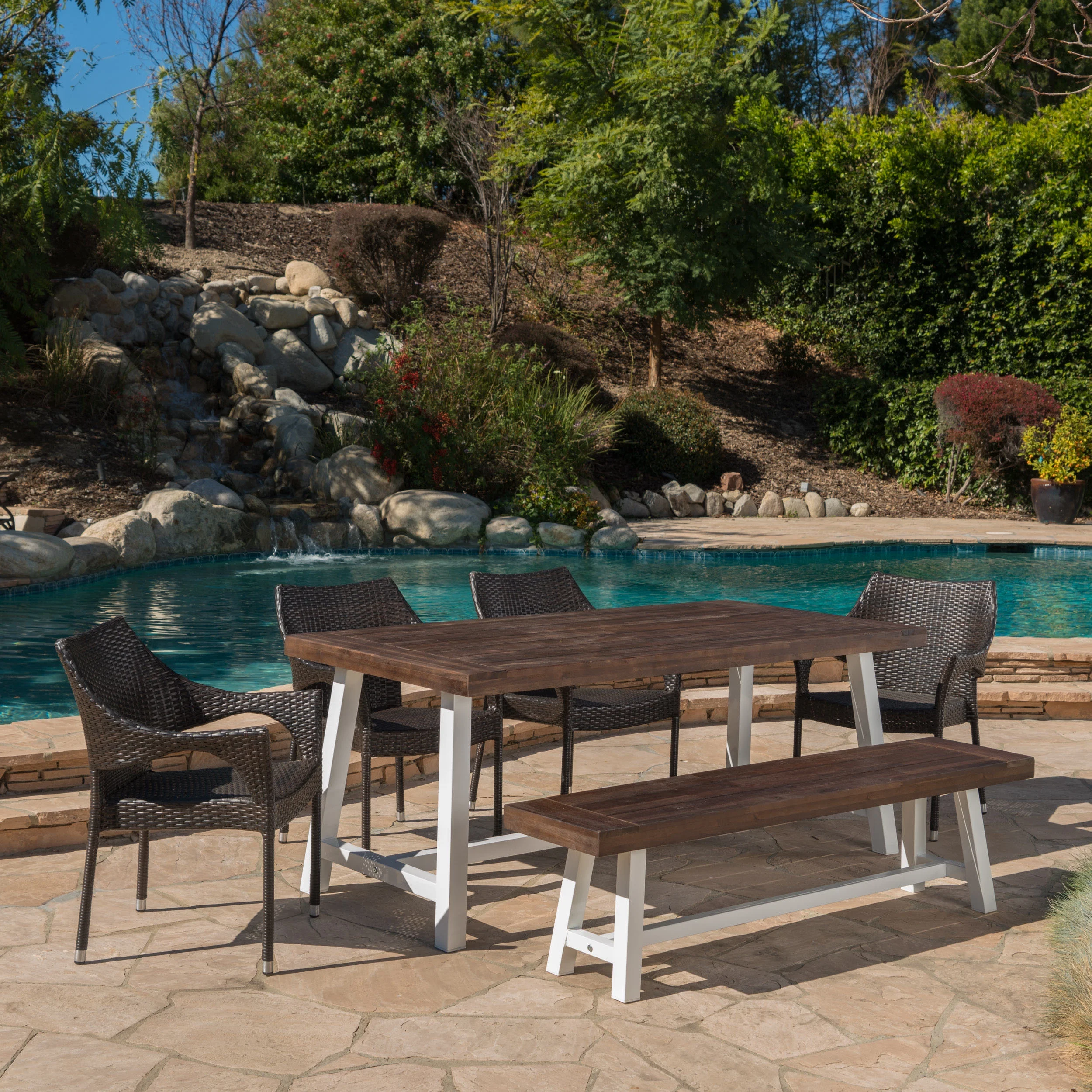 Jimmy Outdoor 6 Piece Wicker Dining Set with Acacia Wood Table and Bench, Sandblast Light Grey, Sandblast Dark Brown, White Rustic Metal, Multibrown