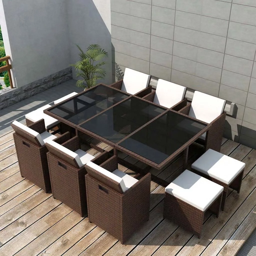 Anself 11 Piece  Wicker Patio Dining Glass Table and 6 Chairs Set with Cushioned Seat and 4 Ottomans PE Rattan Sectional Conversation Set (Brown)