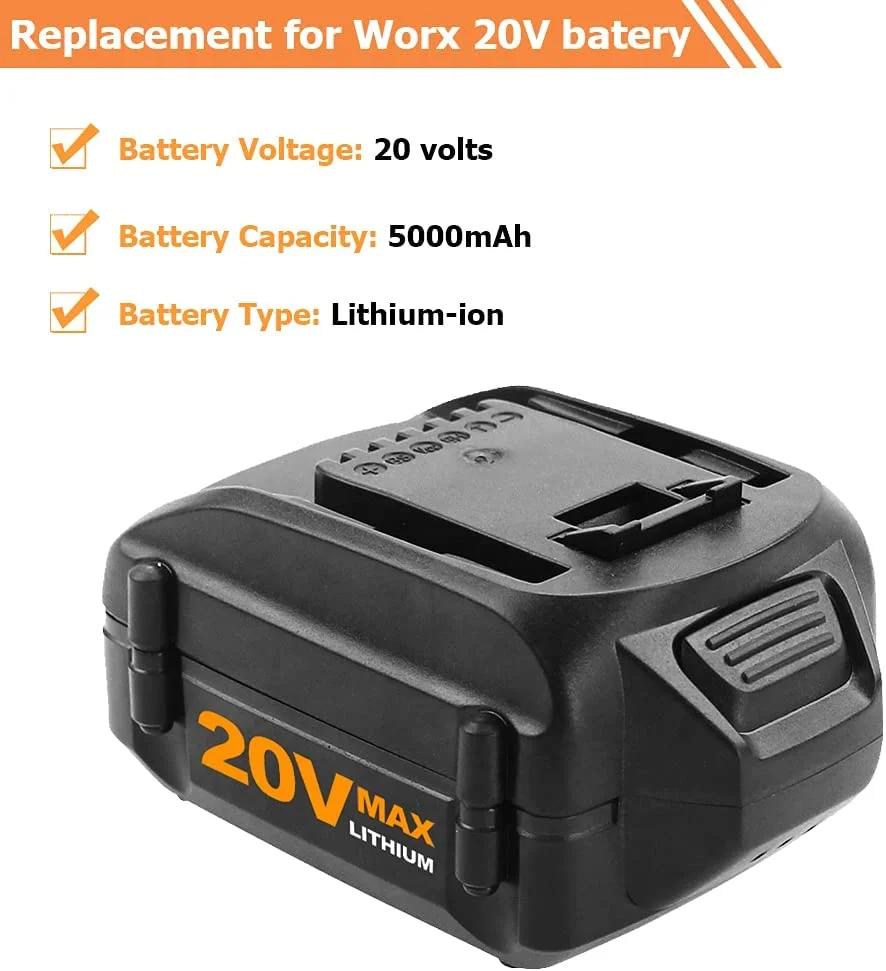 2Pack for WORX Battery WA3520 20V 5000mAh Li-ion Black WA3578 WG151s WG155s WG251s WG255s WG540s WG890 WG891