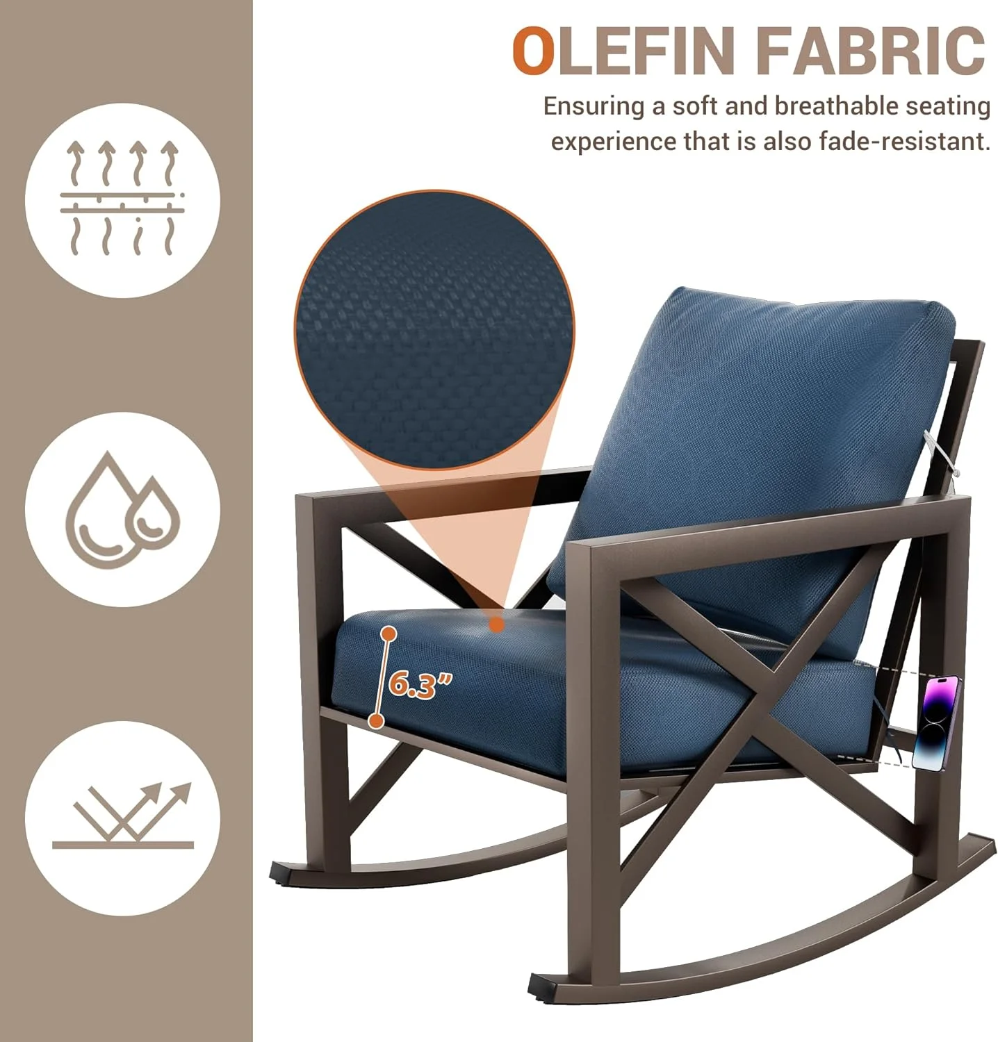 ECOPATIO Rocking Chair Bistro Set,3 Piece Outdoor Patio Furniture Set with 2 Rockers and 1 Metal Coffee Table with Thick Cushions for Porch,Backyard,Poolside,Blue