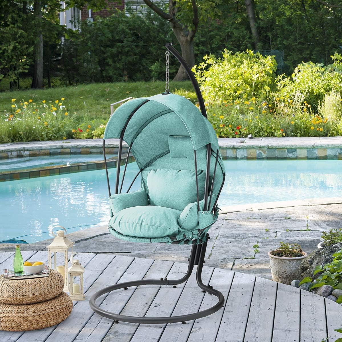 Deluxe Hanging Chair Aqua W/Canopy Sun Shade Deep Cushion Lounge Seating Outdoor Indoor Patio Bedroom Hanging Swinging