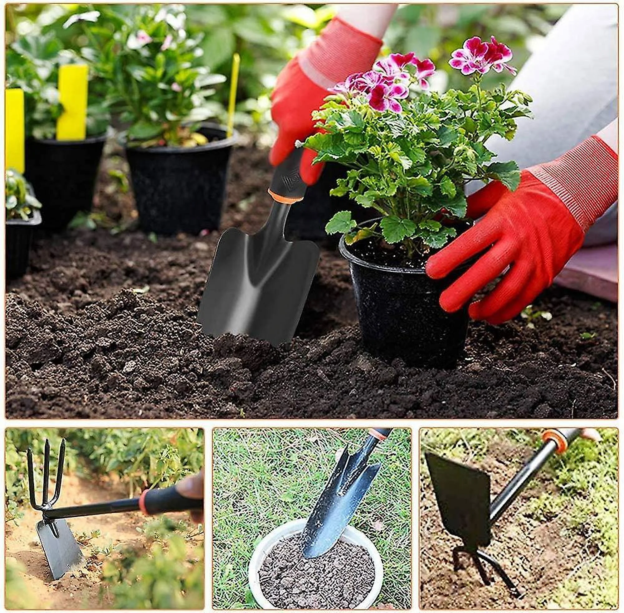 Gardening Tools,4 Pieces Adult Garden Tools, Lengthen Ergonomic Handles, With Shovels, Hand Rake, Manual Weeders, Hoe