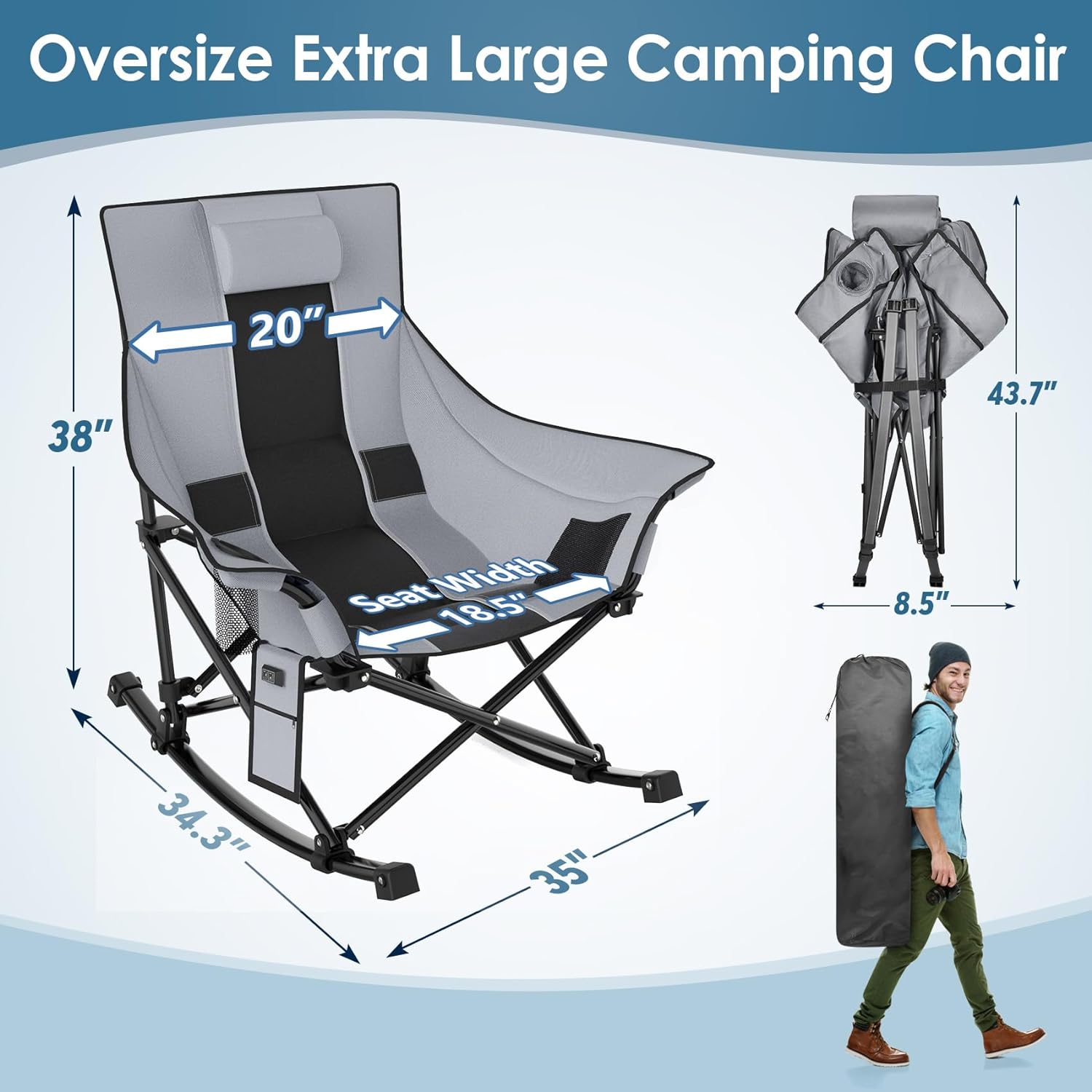 Suteck Oversized Heated Camping Chair  XL Rocking Camping Chair with 3 Heat Levels for Back and Seat  Portable Folding Heated Chairs Outdoor Sports W/10 000mAh Power Bank for Patio Lawn P