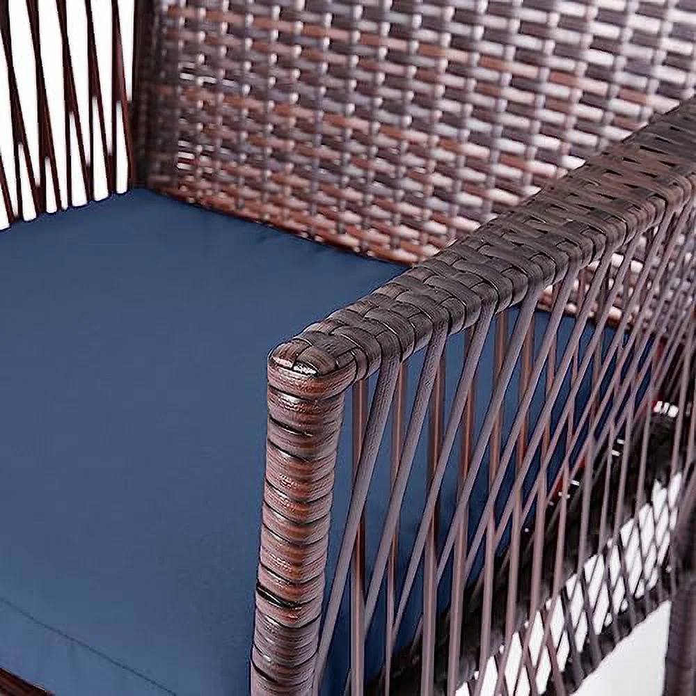 HYHBIBOOM 3 Piece Patio Conversation Set  Outdoor Rocking Chairs   Wicker  Set with Glass Top Coffee Table and Cushions for Porch Garden Backyard Lawn (Grey Rattan  Blue Cushion)