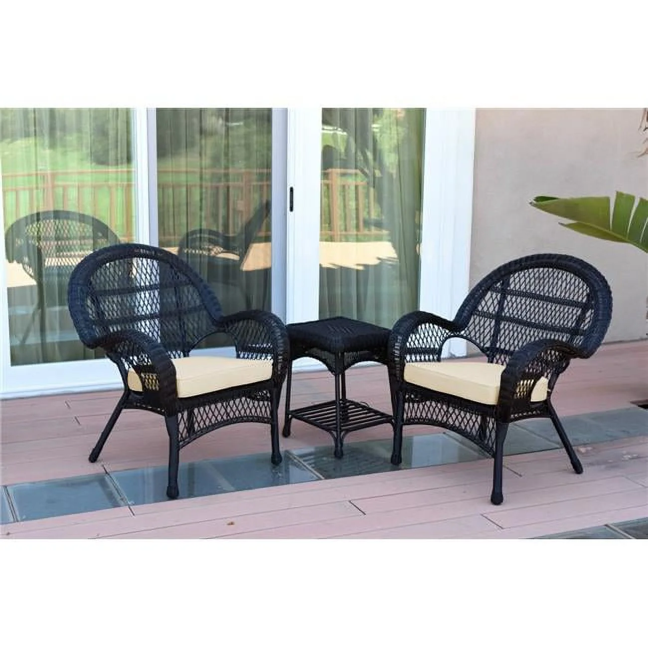 W00211-2-CES001 Santa Maria Black Wicker Chair Set, Ivory Cushions - 3 Piece