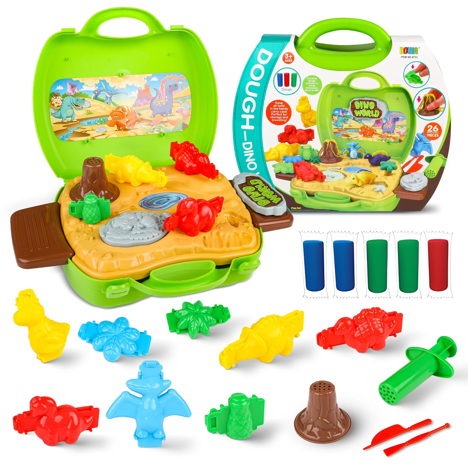 Freecat 26 Pcs Dinosaur Color Play Dough Set with Case, Multiple Molds, Educational Toys for Hand-Eye Coordination, Kids Christmas Birthday Gifts Dinosaur Toys for 3 4 5 6+