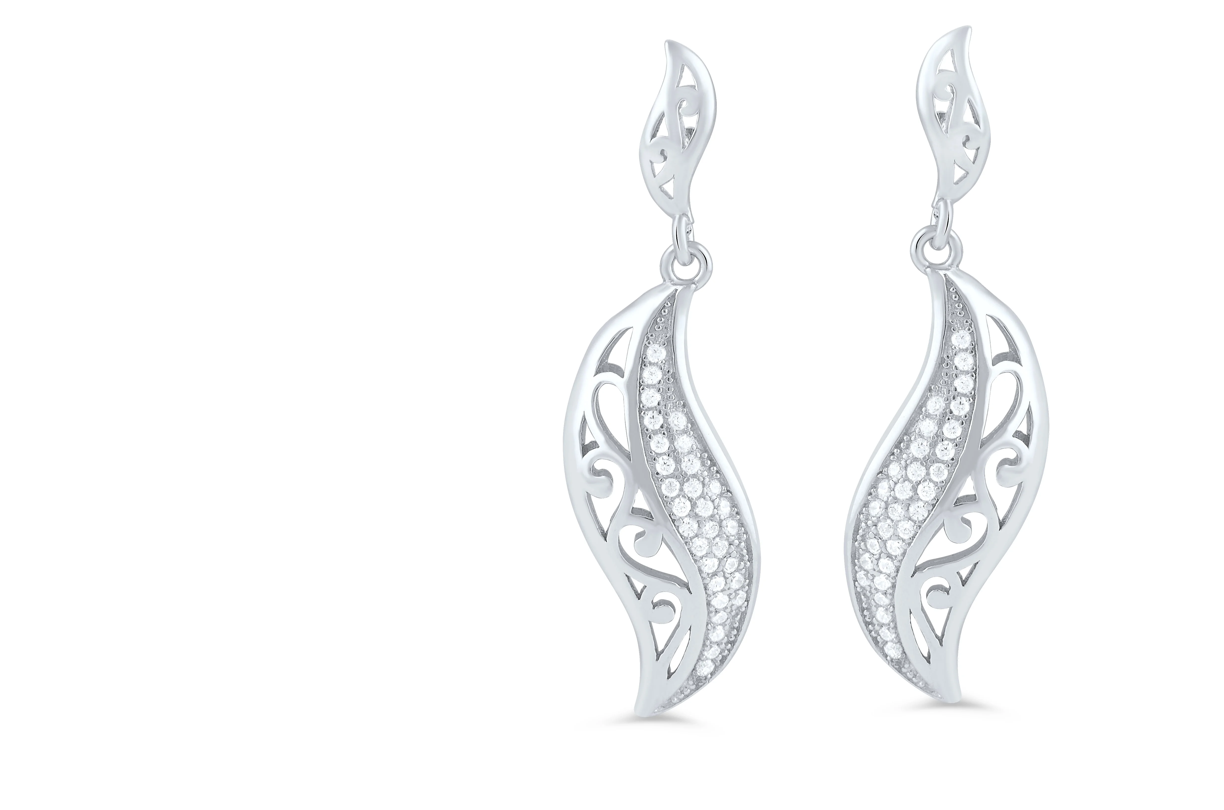 SilverCloseOut Rhodium Plated Sterling Silver Pave Cz Ivy Leaf Dangling Push Back Drop Earrings