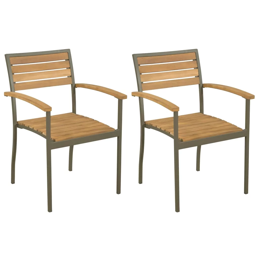 Anself 2 Piece Stackable Patio Chairs Acacia Wood and Steel  Dining Chair for Garden, Backyard, Poolside,  22 x 22 x 33 Inches (W x D x H)