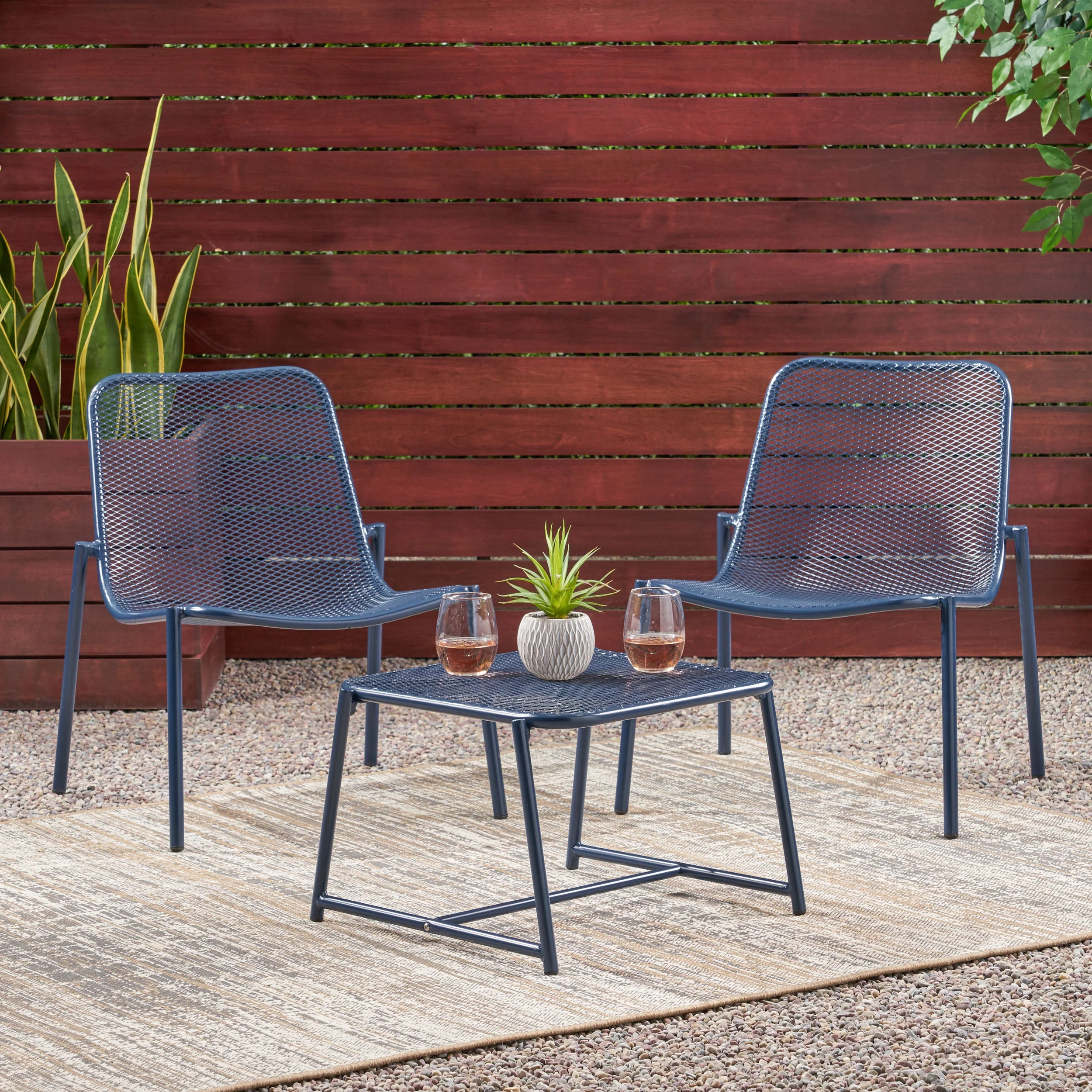 GDF Studio Douglas Outdoor Modern Metal 3 Piece Chat Set, Matte Navy Blue