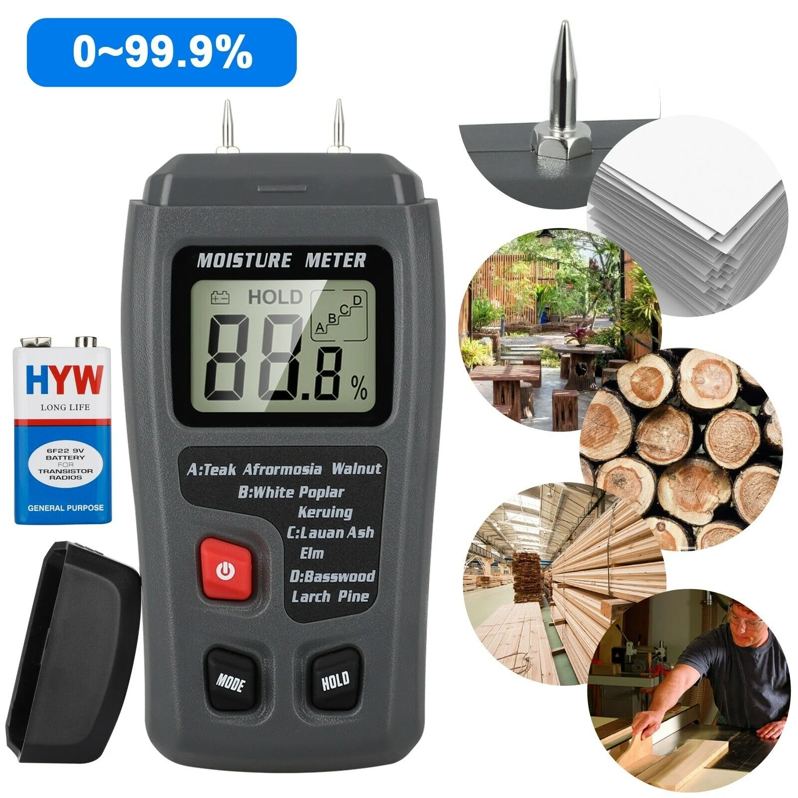 LINKPAL Measuring Moisture Meter, 0-99.9% Two Pins Digital Wood Meter Wood Humidity Tester Hygrometer Timber Damp Detector Large LCD Display General Hardware Tool Set