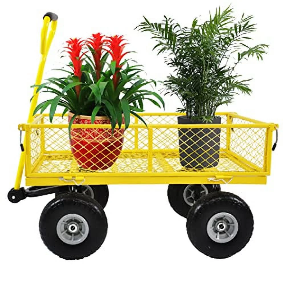 Heavy-Duty Steel Garden Cart, Folding Utility Garden Wagon 550 pounds Capacity with Wheels and Removable Sides for Outdoors, Lawns, Yards, Farms, and Ranches (Yellow)