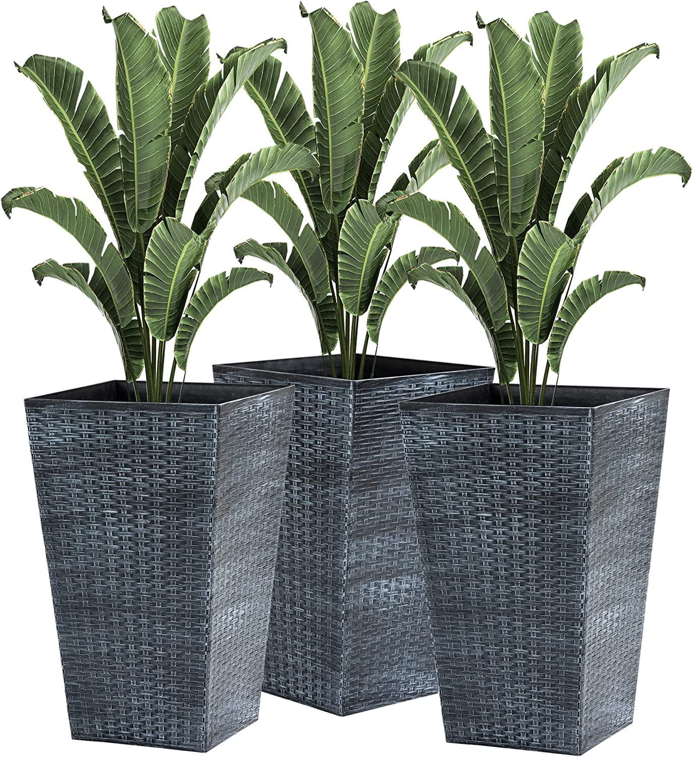 Set of 3 Tall Planters, Outdoor & Indoor Flower Pot Set for Front Door, Entryway, Patio and Deck, Grey