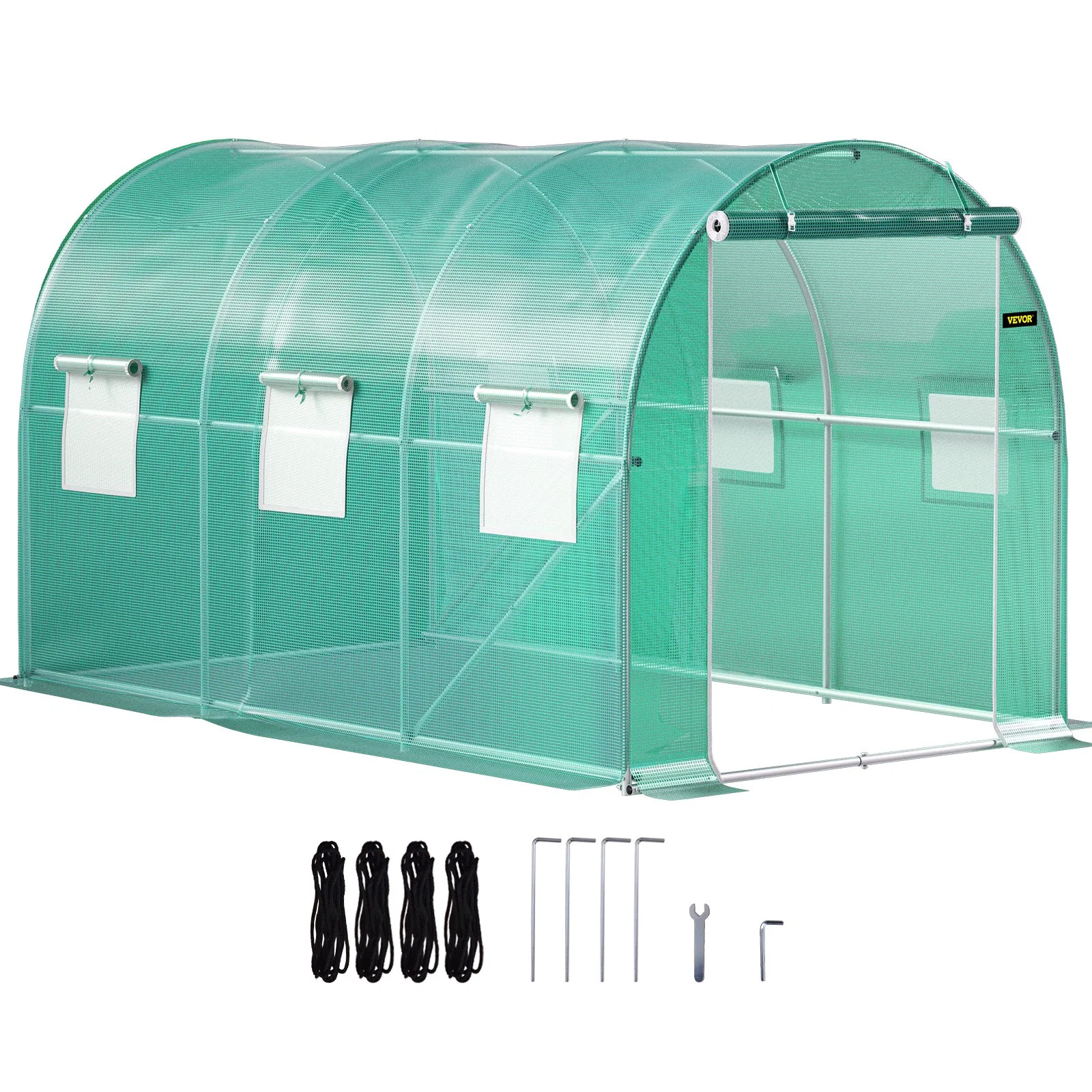 VEVOR Walk-in Tunnel Greenhouse, 12 x 7 x 7 ft Portable Plant Hot House w/ Galvanized Steel Hoops, 1 Top Beam, Diagonal Poles, Zippered Door & 6 Roll-up Windows, Green
