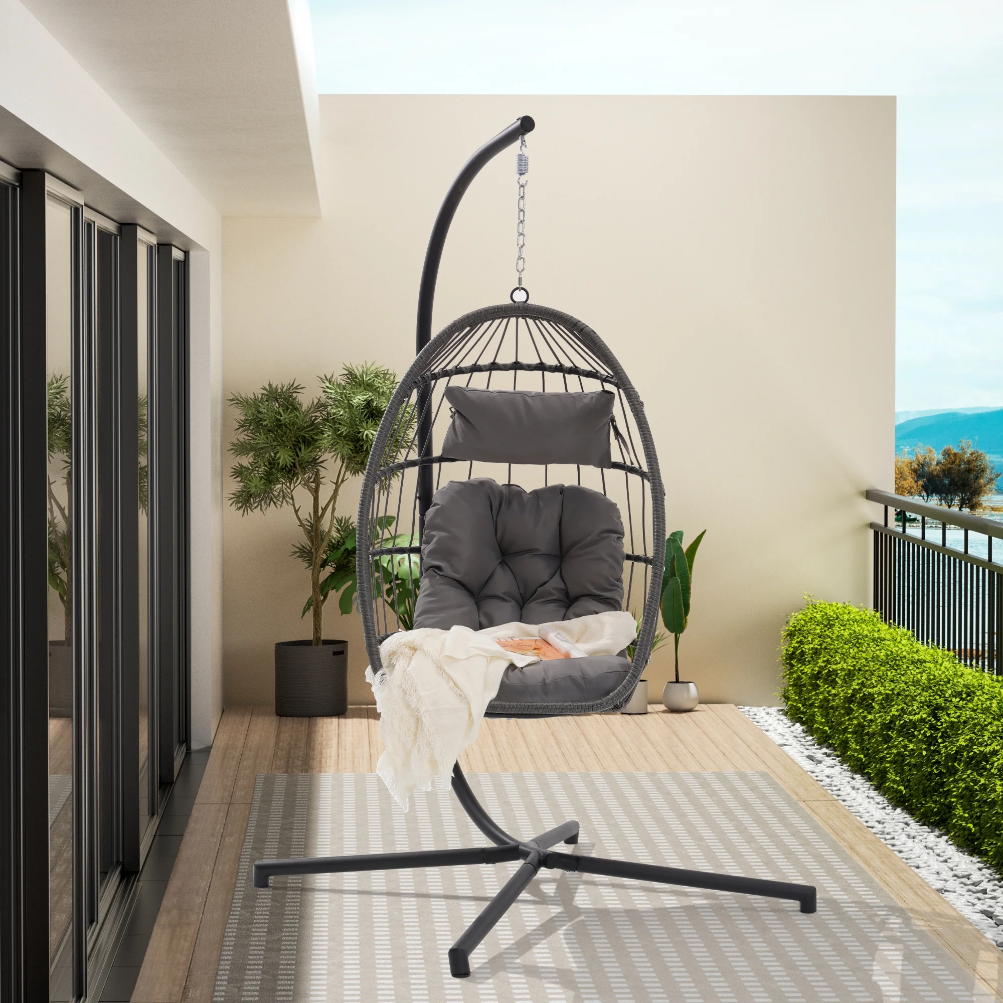 Outdoor Rattan Egg Swing Chair with Cushion Patio Furniture for Garden Lounging-Light Gray