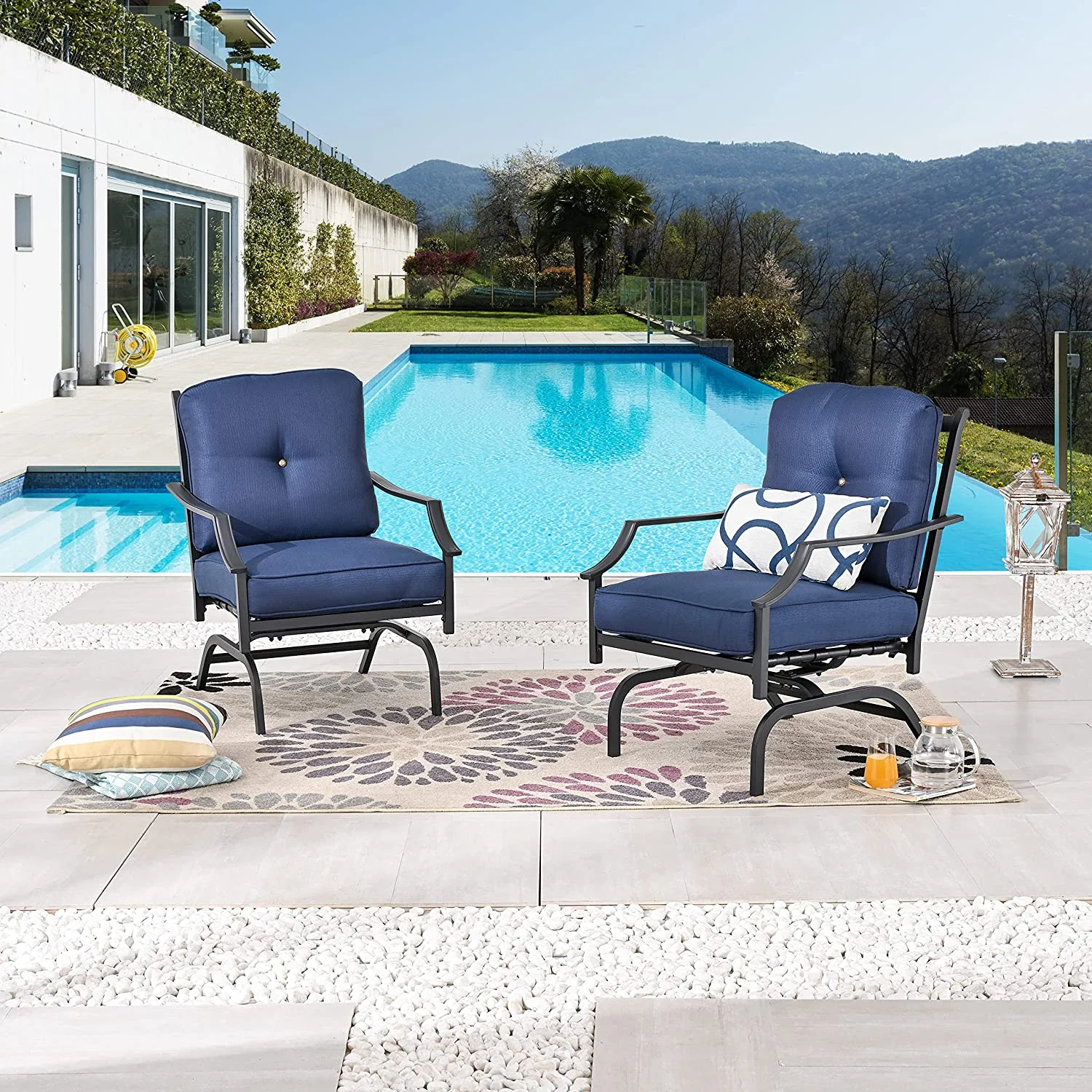 Outdoor Patio Iro Steel Bistro Club Furiture Coversatio Sets Moder Diig Chair With Cushio-Blue