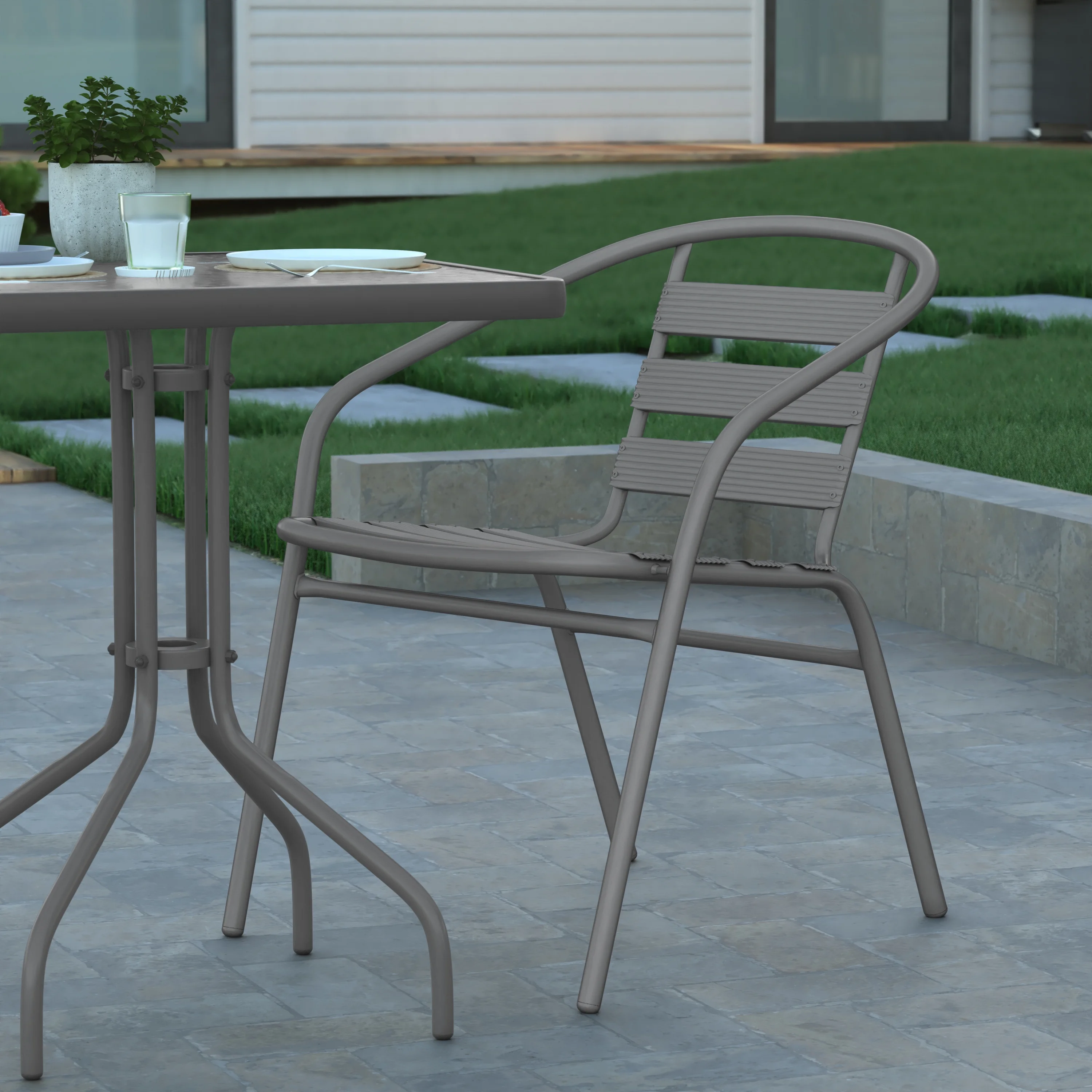 Emma + Oliver 23.5'' Square Glass Top Metal Table with 2 Silver Aluminum Slat Stack Chairs