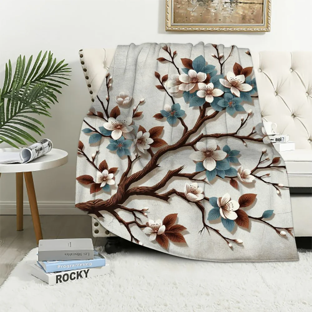 EastSmooth Chinese Style Blanket Throws Cherry Blossoms Plum Blossom Art Graphic Rugs Soft, Plush 55Inch X 70Inch
