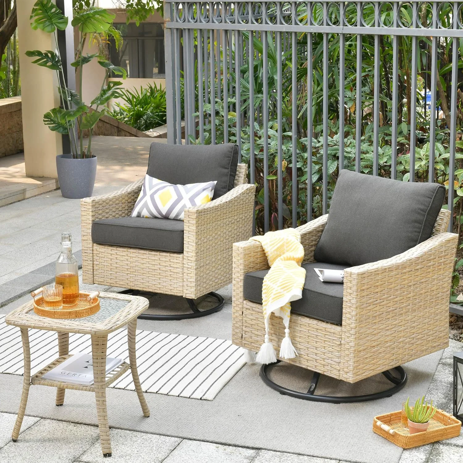 Dina 3 Pieces Outdoor Furniture Set Patio Bistro Rocking Chairs with Glass Side Table for Pool Beach Backyard Balcony Porch Deck Garden(Green)