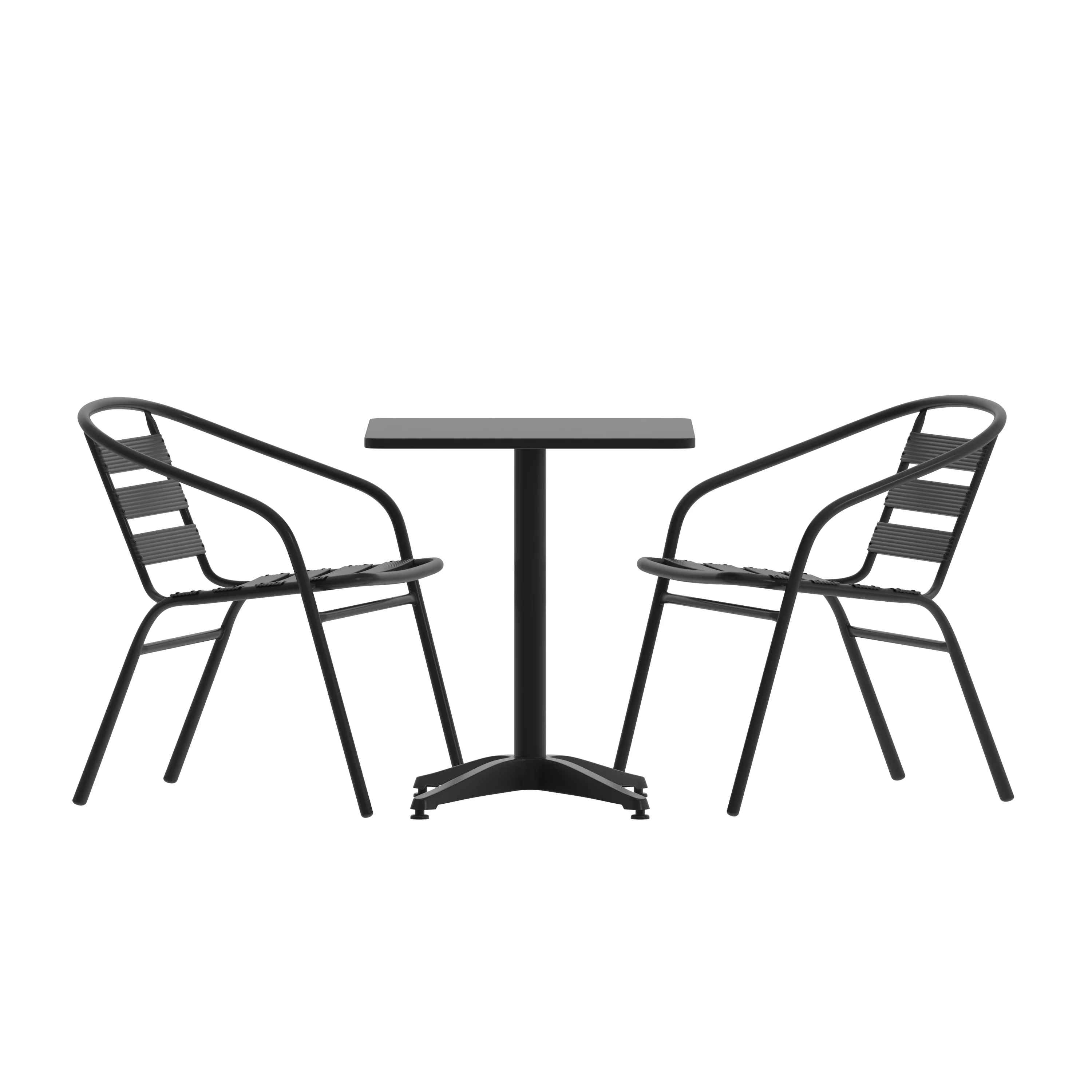 BizChair 23.5'' Black Square Aluminum Indoor-Outdoor Table Set with 2 Black Slat Back Chairs