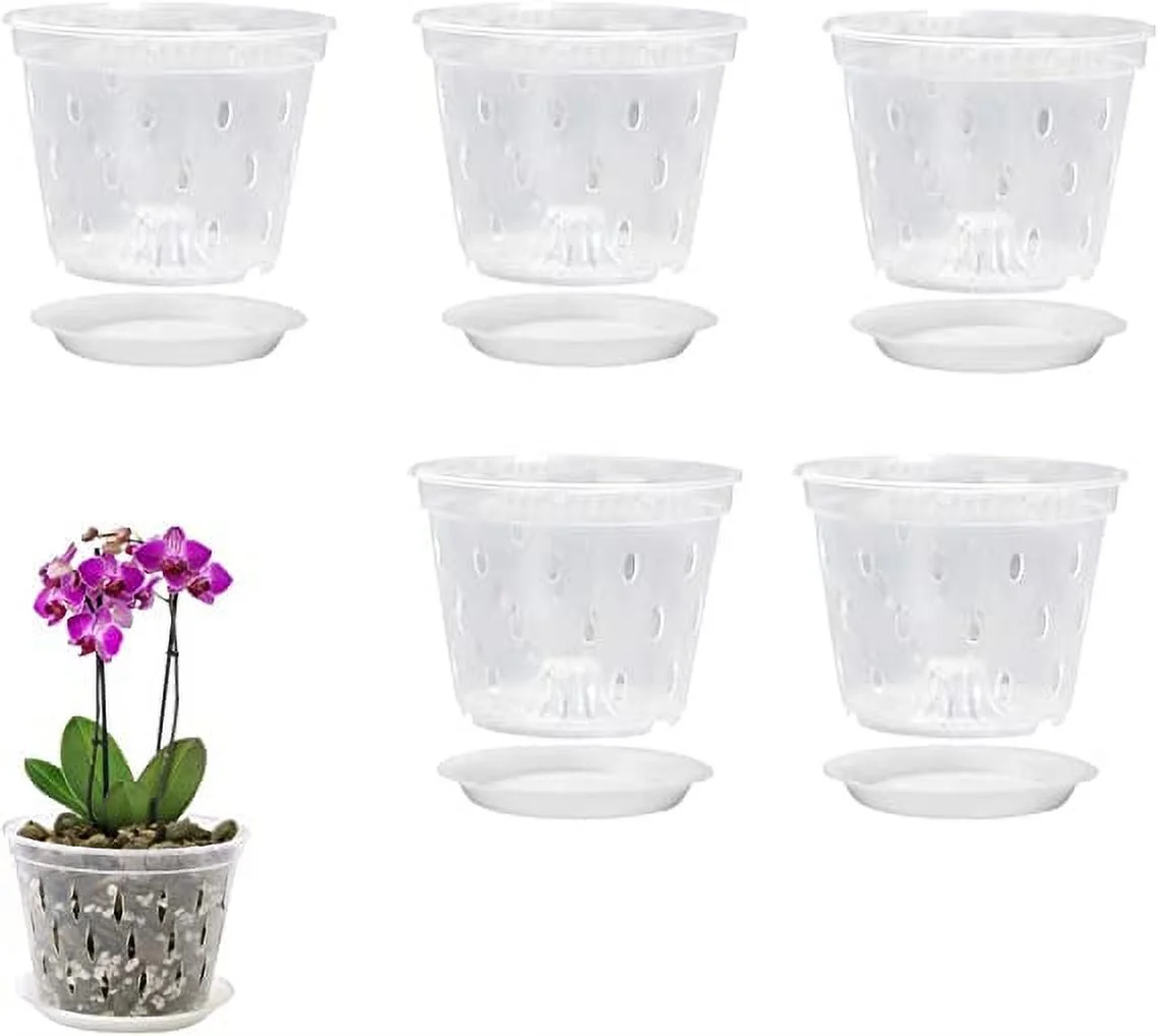 Nvzi 5 Pack Orchid Pots, 5 Inch Clear Orchid Pots with Holes & Saucers, Plastics Breathable Slotted Orchid Planter Indoor Outdoor, 100