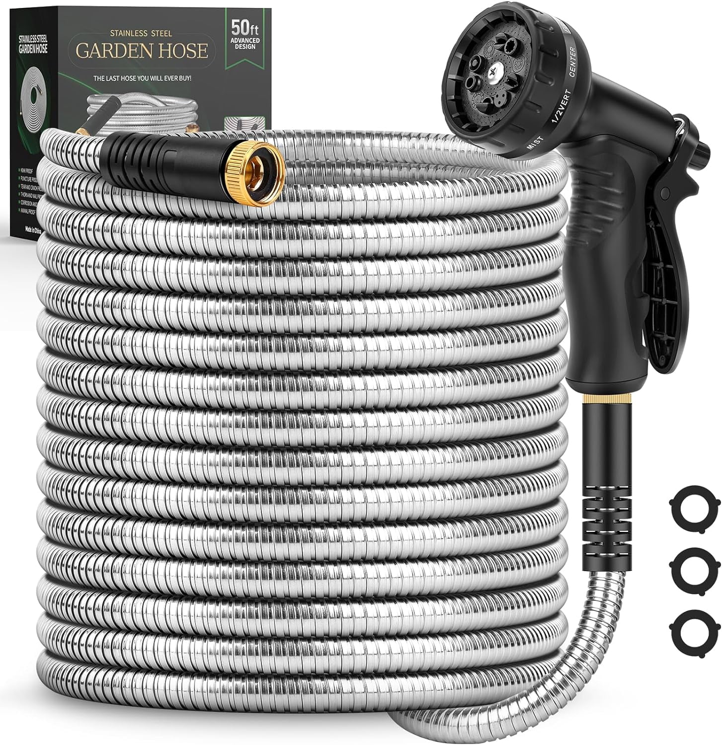 roushimao Hose 50 FT, Metal Stainless Steel Water Hose with 10 Function Nozzles, No Kinks, Flexible Hose, Lightweight, Puncture Proof, Heavy Duty Hose for Yard and Outdoor
