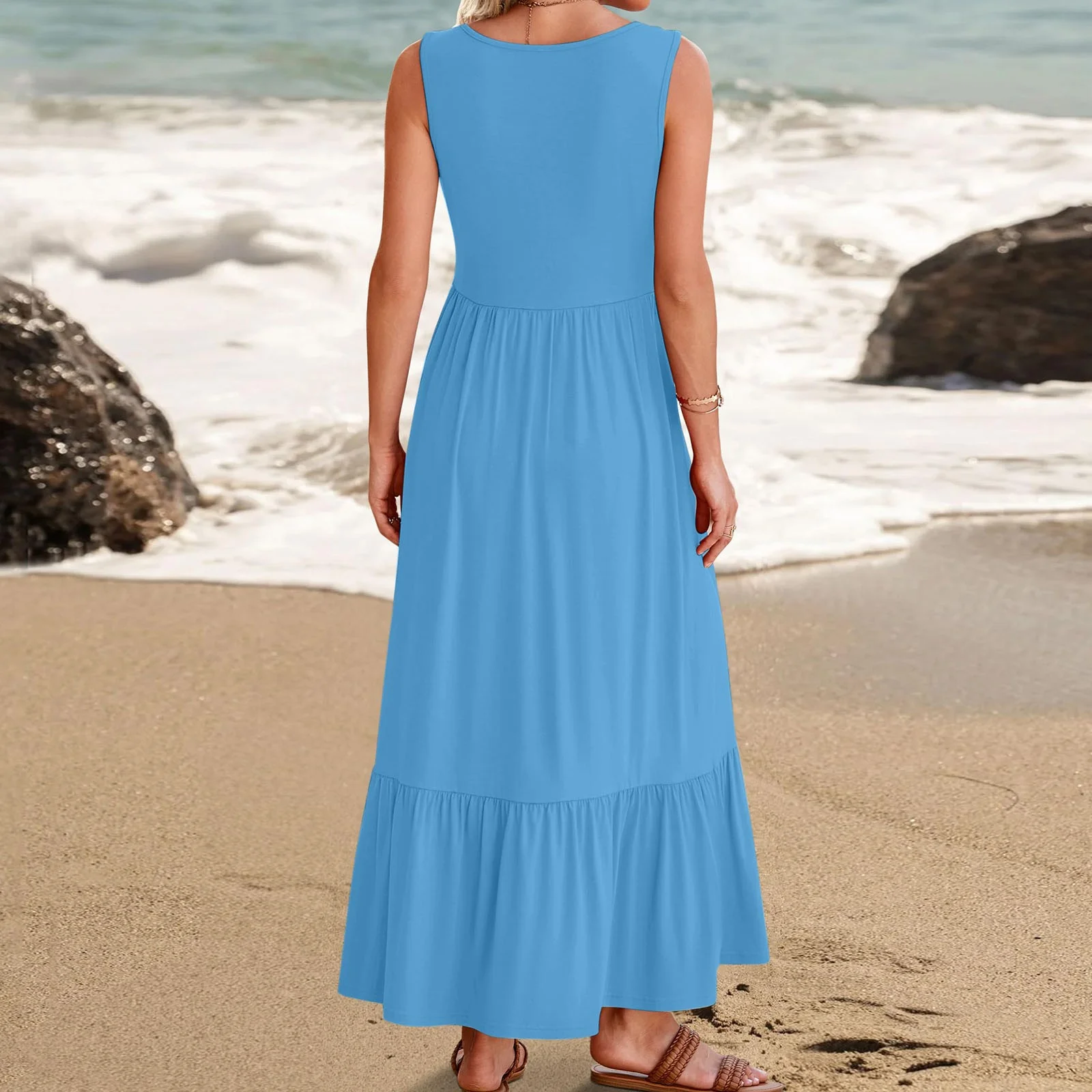 Autumn Cargo Skirt Women'S Summer Sleeveless Dress Square Neck Pleated Swing Casual Maxi Dresses With Pockets Skirt