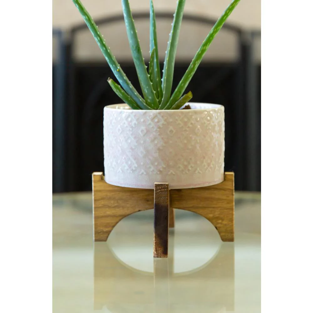 5 In. Pink India Ceramic Planter On Wood Stand Mid-Century Planter