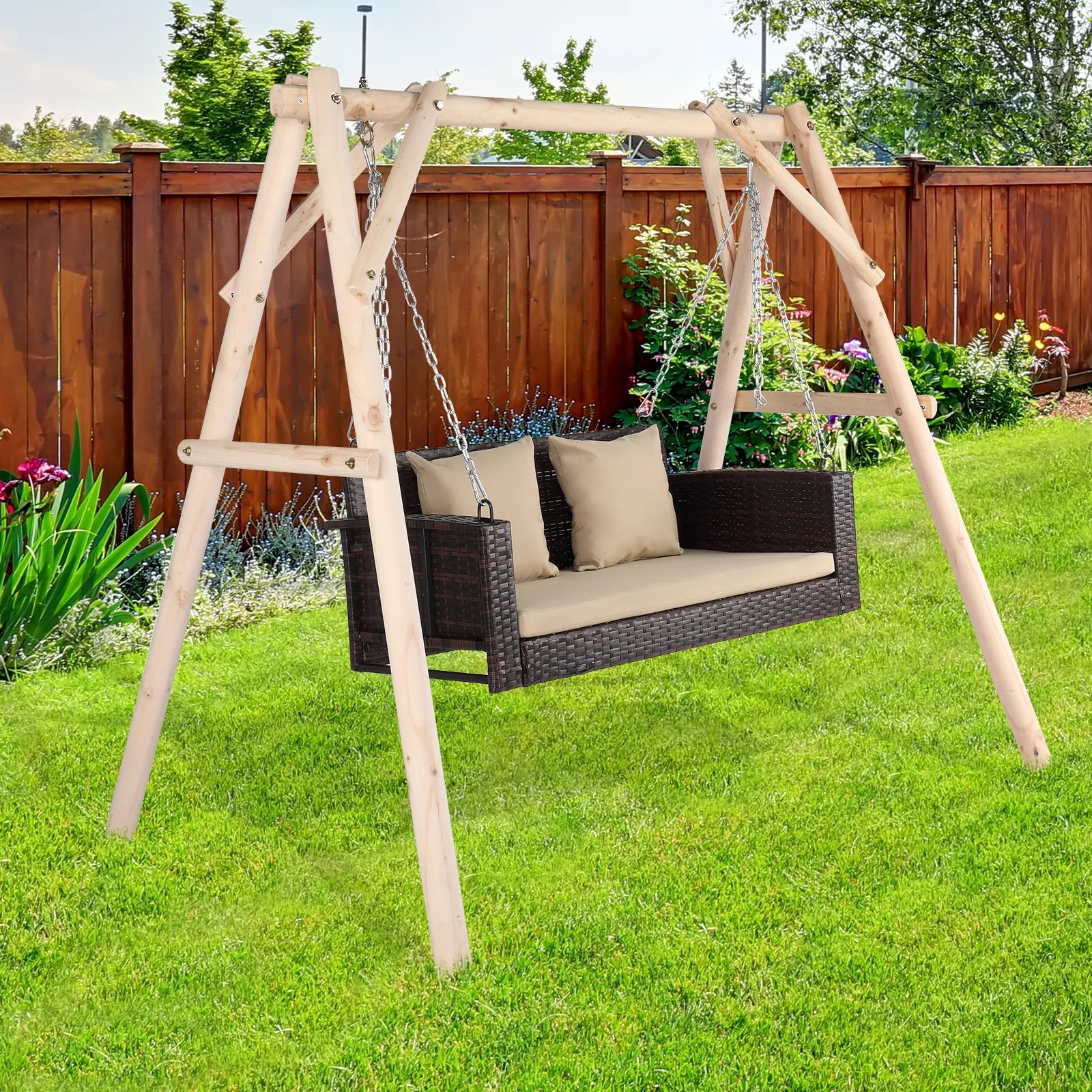 BMTBUY 49in Brown Gradient Rattan Beige Cushion Rattan Swing Chair（Swing frames not included）