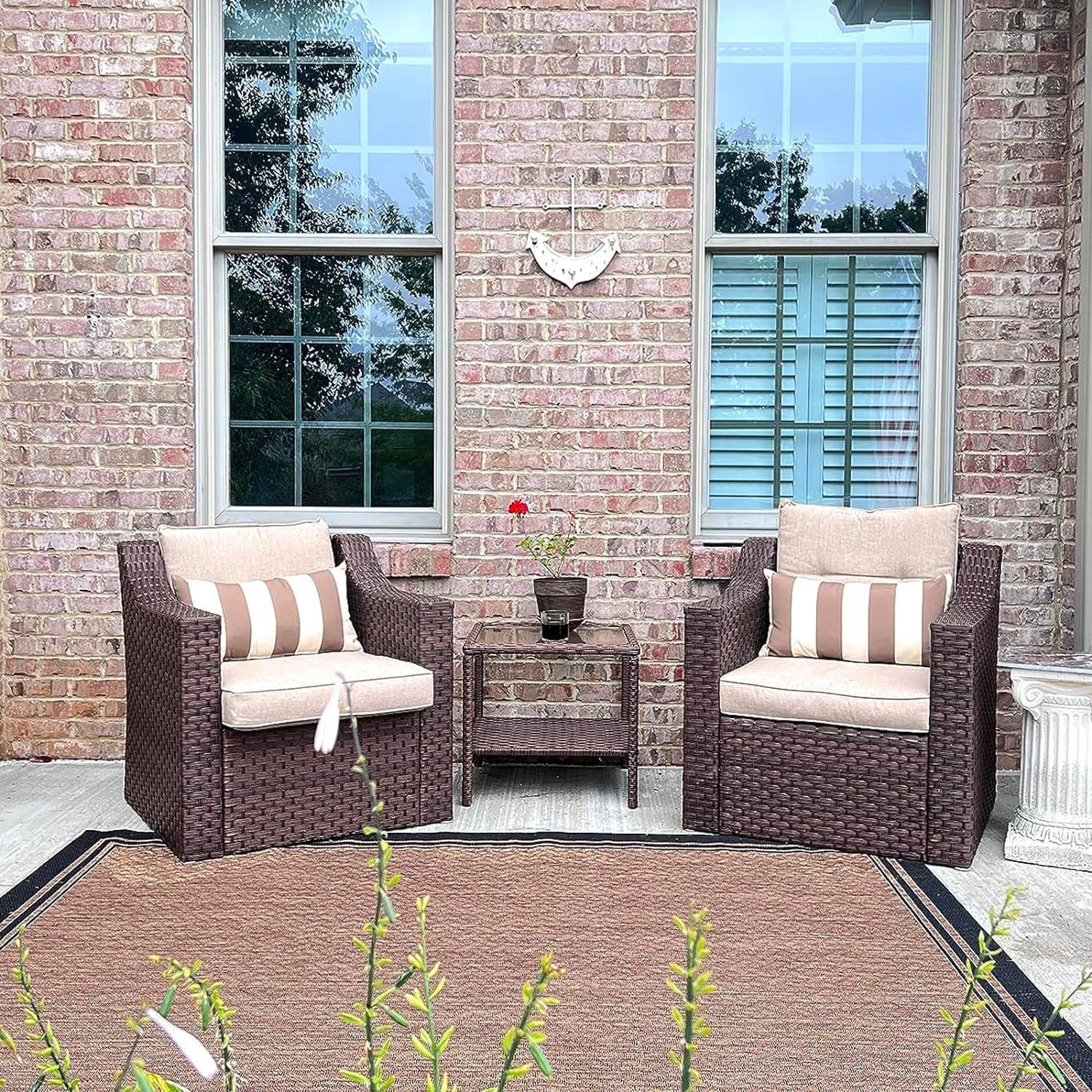 Dina 4 Pieces Patio Furniture Set  Outdoor Wicker Conversation Set Outside Lounge Furniture for Backyard  Rattan Sofa Chair with Cushions and Coffee Table (Brown)