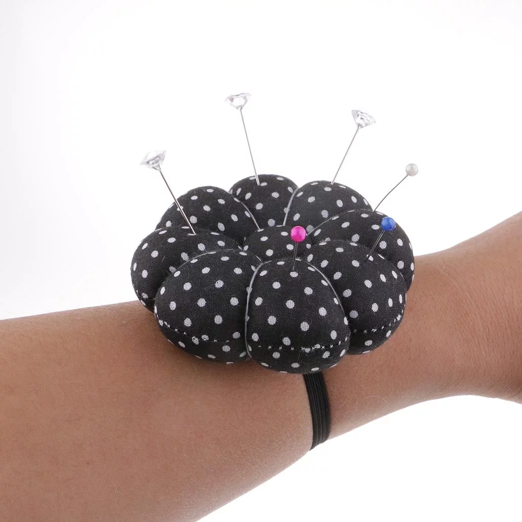 Polka Dot Pumpkin Fabric Sewing Pin Cushion With Elastic Wrist Belt Black