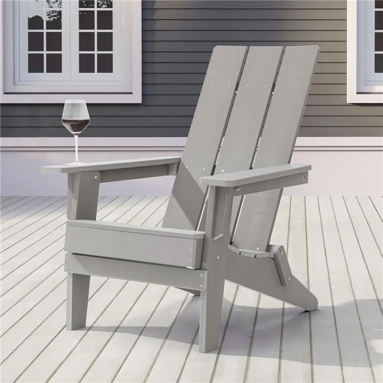 Light Gray Folding Adirondack Chair, Waterproof HIPS High Load Capacity Patio Chair With Wide Armrests