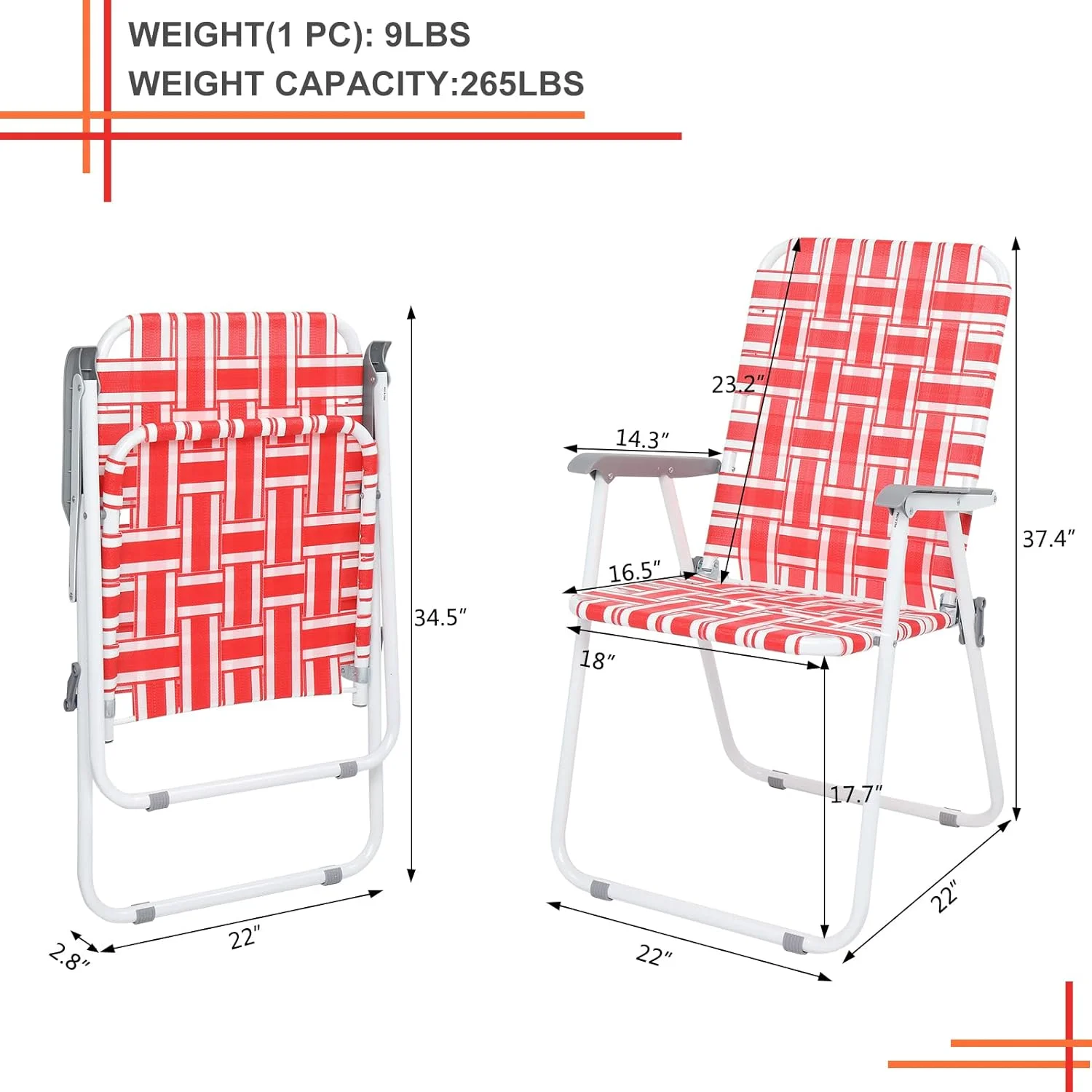 2pcs Steel Tube Pp Webbing Bearing 120kg Folding Beach Chair Red & White Strip
