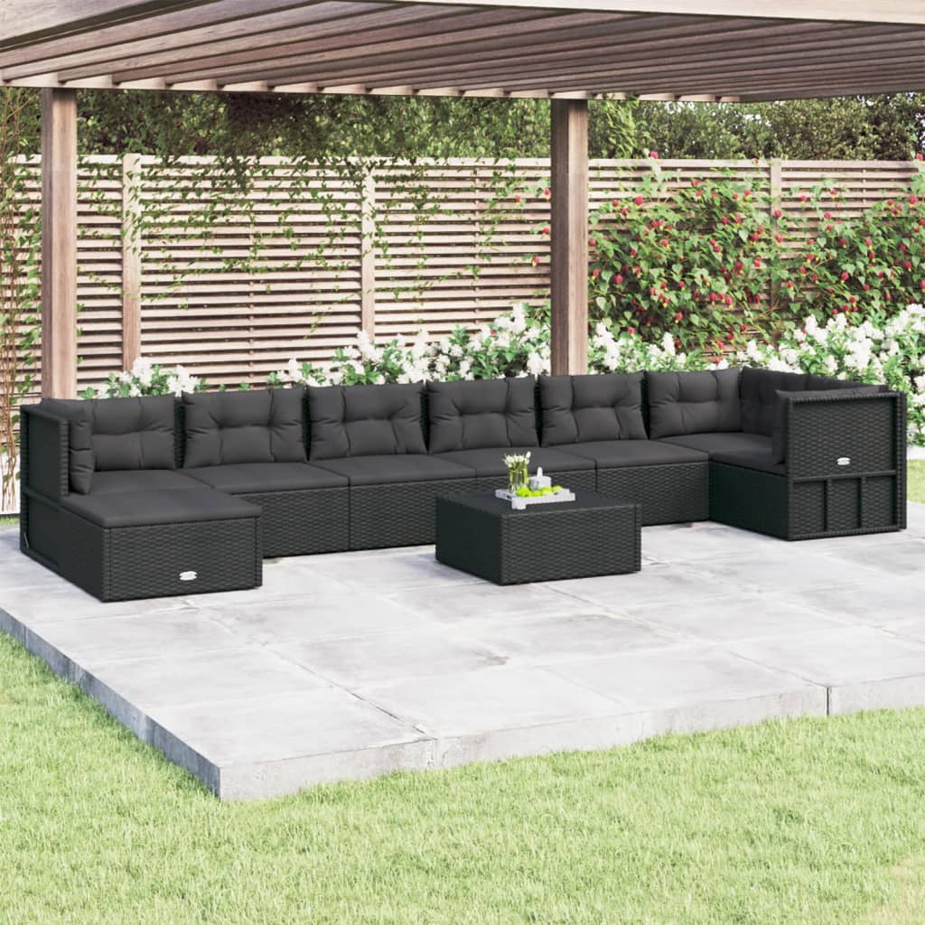 Dcenta 8 Piece Patio Set with Cushions Black Poly Rattan