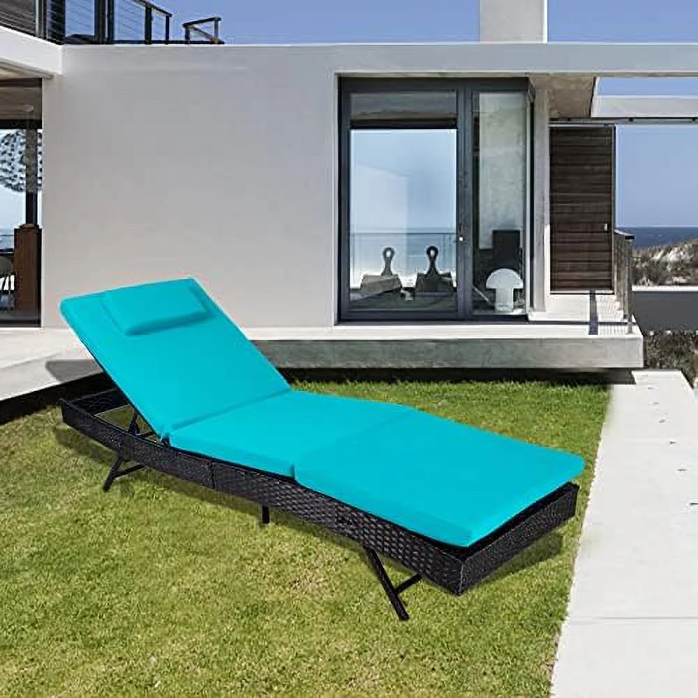 ZWNLKQG Outdoor Chaise Lounge Patio Lounge Chair Wicker Adjustable Back Reclining Chair with Blue Cushion for Poolside  Garden  Backyard