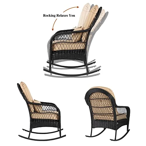 B Outdoor Wicker Rocking Chair All Weather Wicker Rocker Chair with Cushions for Garden Patio Yard Porch Lawn Balcony Backyard (1PCS-Black Wicker-Khaki)