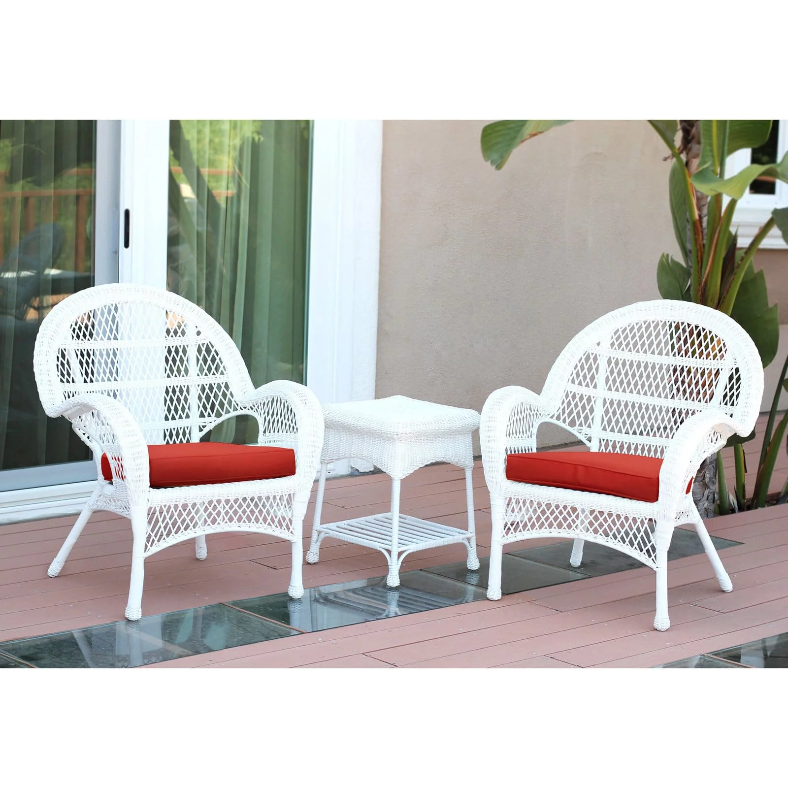 Jeco 3 Piece Wicker Conversation Set in White with Tan Cushions
