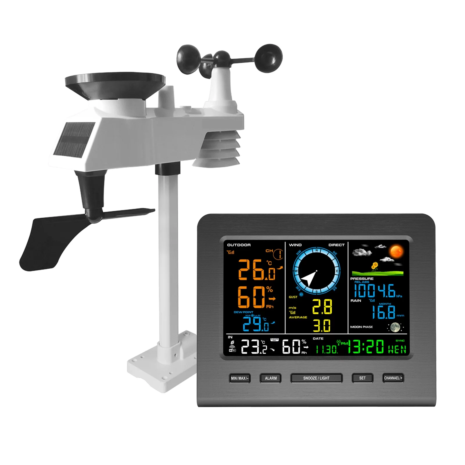 Lepmerk 0366-WF Wireless Weather Station with Sensor, Weather Station with Weather Forecast, Temperature, Air Pressure, Humidity, Wind Gauge, Rain Gauge, Moon Phrase, Alarm Clock