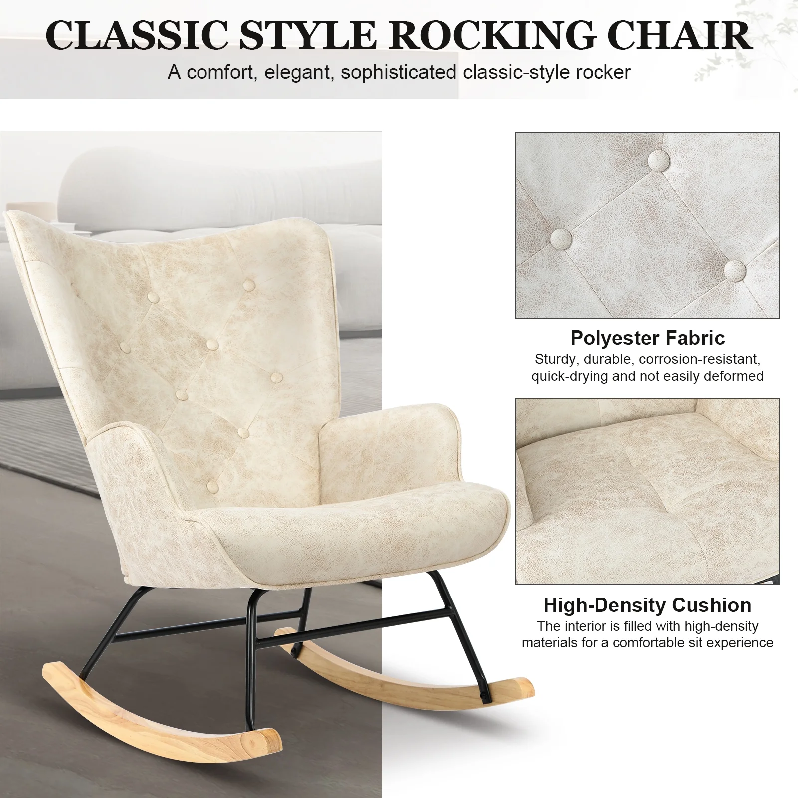 Rocking Chair Nursery, Upholstered Nursing Armchair with Wooden Base, Glider Rocker with Backrest for Bedroom, Living Room, Office, PU