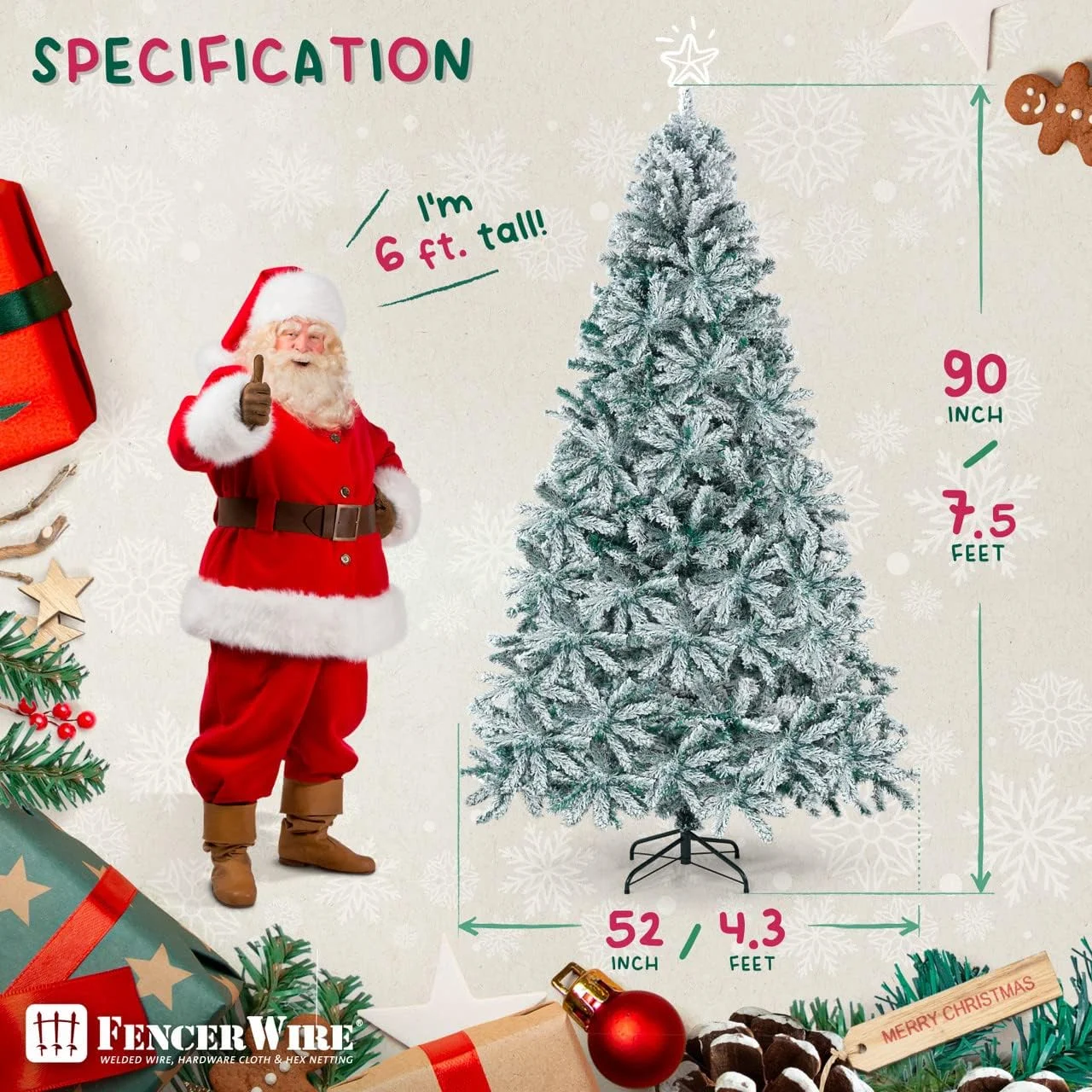 Premium Pre-Hinged 7.5 Feet Snow Flocked Full Artificial Frosted White Fake Christmas Tree, North Valley Spruce 1,346 Branch Tip, Metal Stand, Indoor, Office, Party, Holiday Decoration