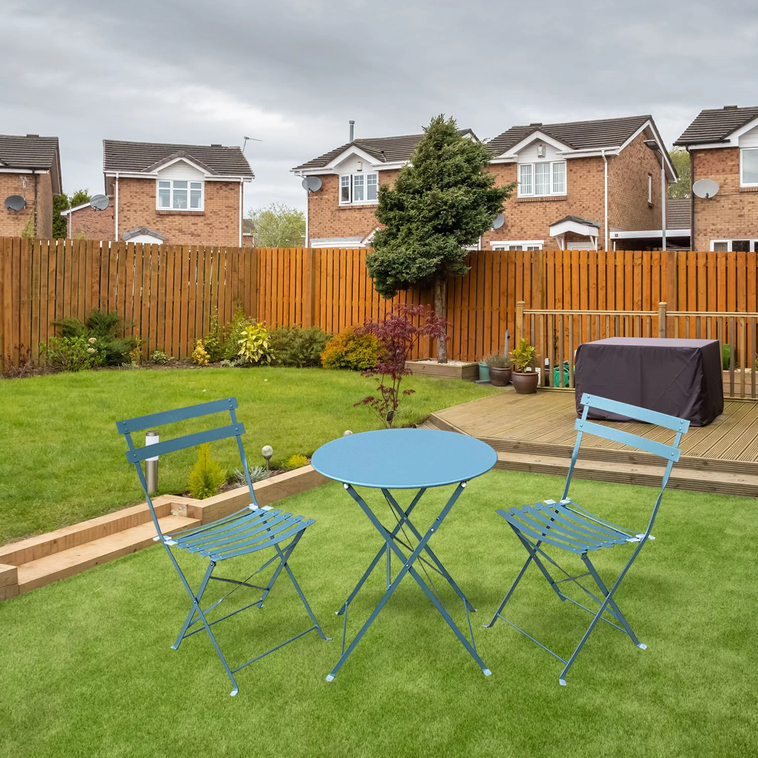Ella 3 Piece Bistro Style Furniture Set – 2 Eye Catchy Relaxing Chair With a Handy Round Tea Table - Blue