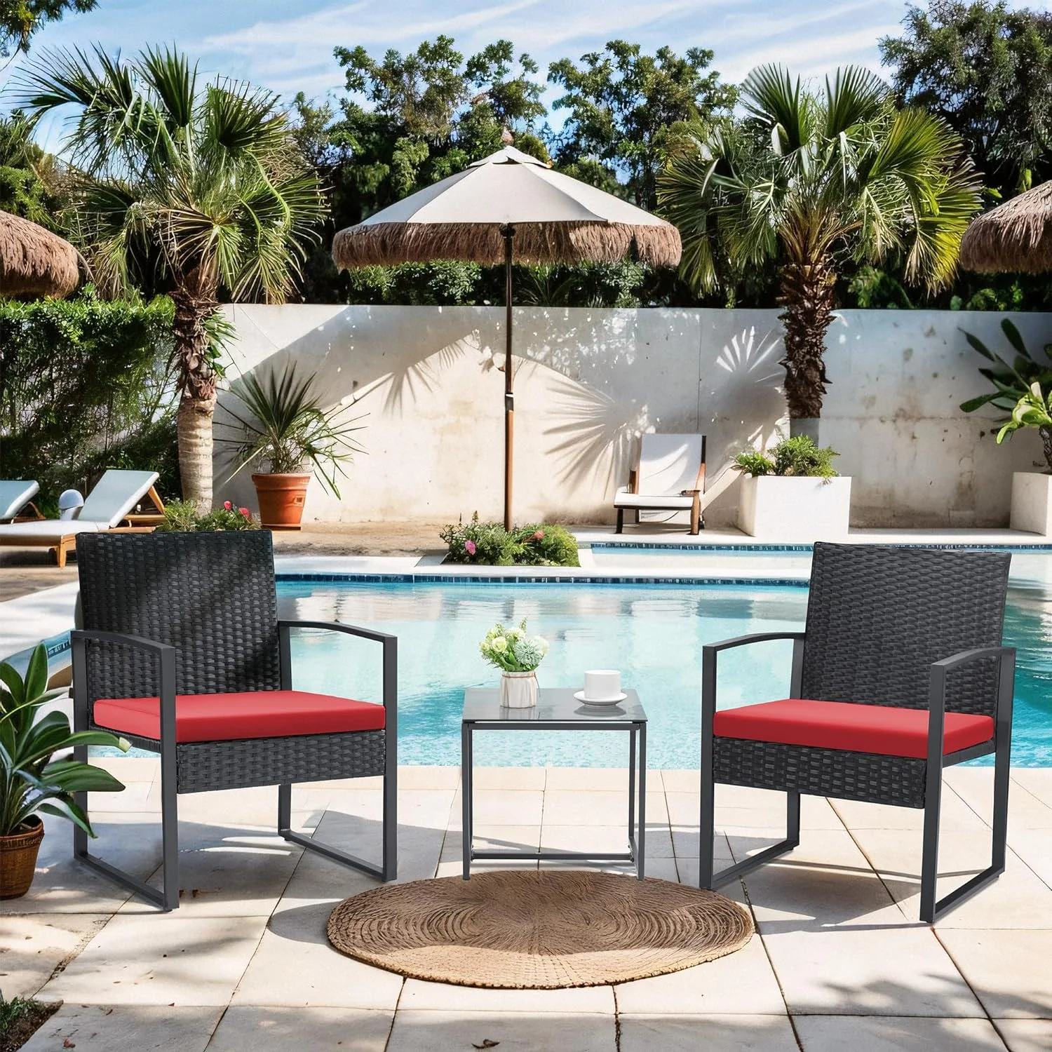 Balcony 3 Piece Furniture Table Garden Backyard Outdoor Patio Use Porch Chairs Cushioned PE Wicker Bistro Set Rattan (Red)