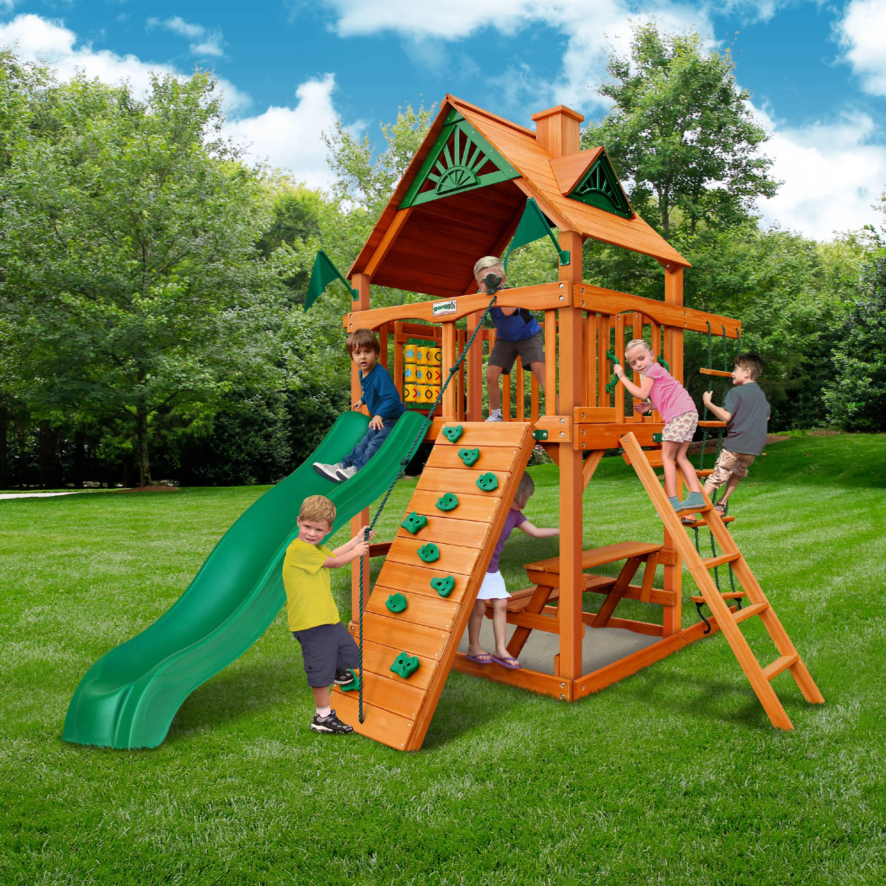 Gorilla Playsets Chateau Tower Wooden Playset with Rock Climbing Wall, Rope Ladder, and Accessories