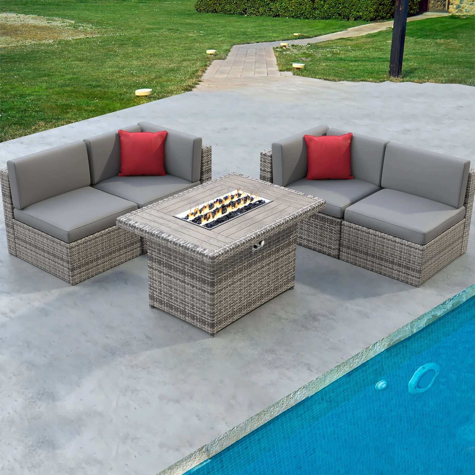 Sunmthink 5 Pcs Patio Furniture Sets with Fire Pit Table, Grey