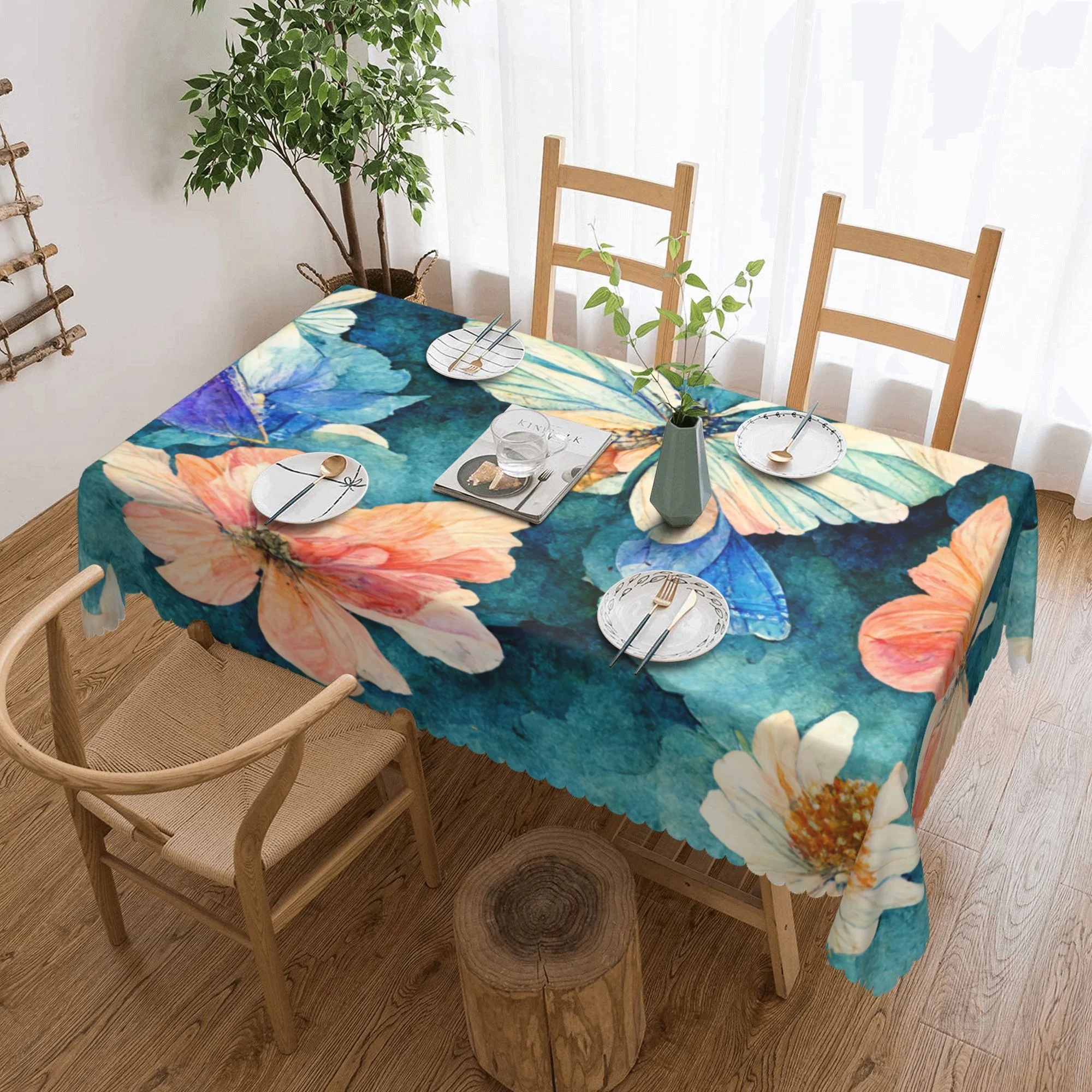 YFYANG Rectangular Polyester Table Cloth Watercolor Butterfly Floral Pattern Table Cover for Indoor Outdoor Kitchen Restaurant Table Decoration Tablecloths，54