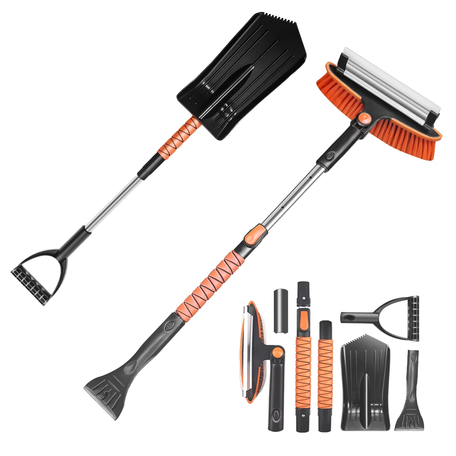 YSMJ 6 in 1 Extendable Extral Long Snow Brush, Ice Scraper for Car Windshield, Emergency Snow Shovel Snow Broom with Foam Grip 180° Pivoting Brush Head